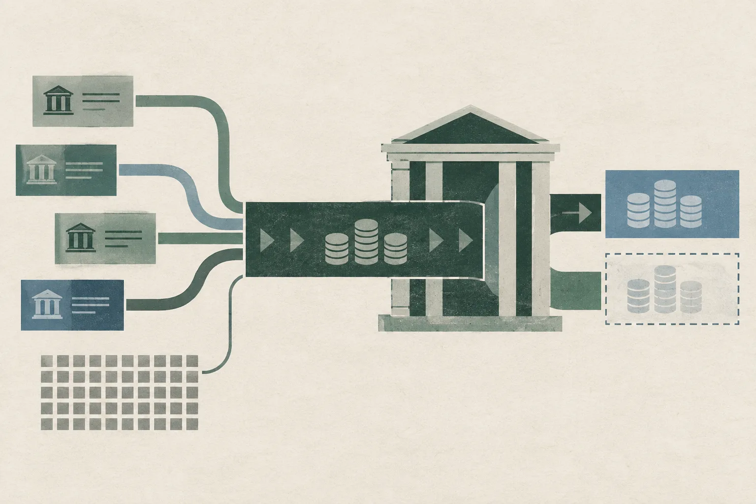 A top-down cut-paper diagram shows abstract financial blocks and connected lines halted by a simple court-like boundary, with a smaller separated block for recovered funds and an outlined compartment for assets awaiting possible forfeiture.