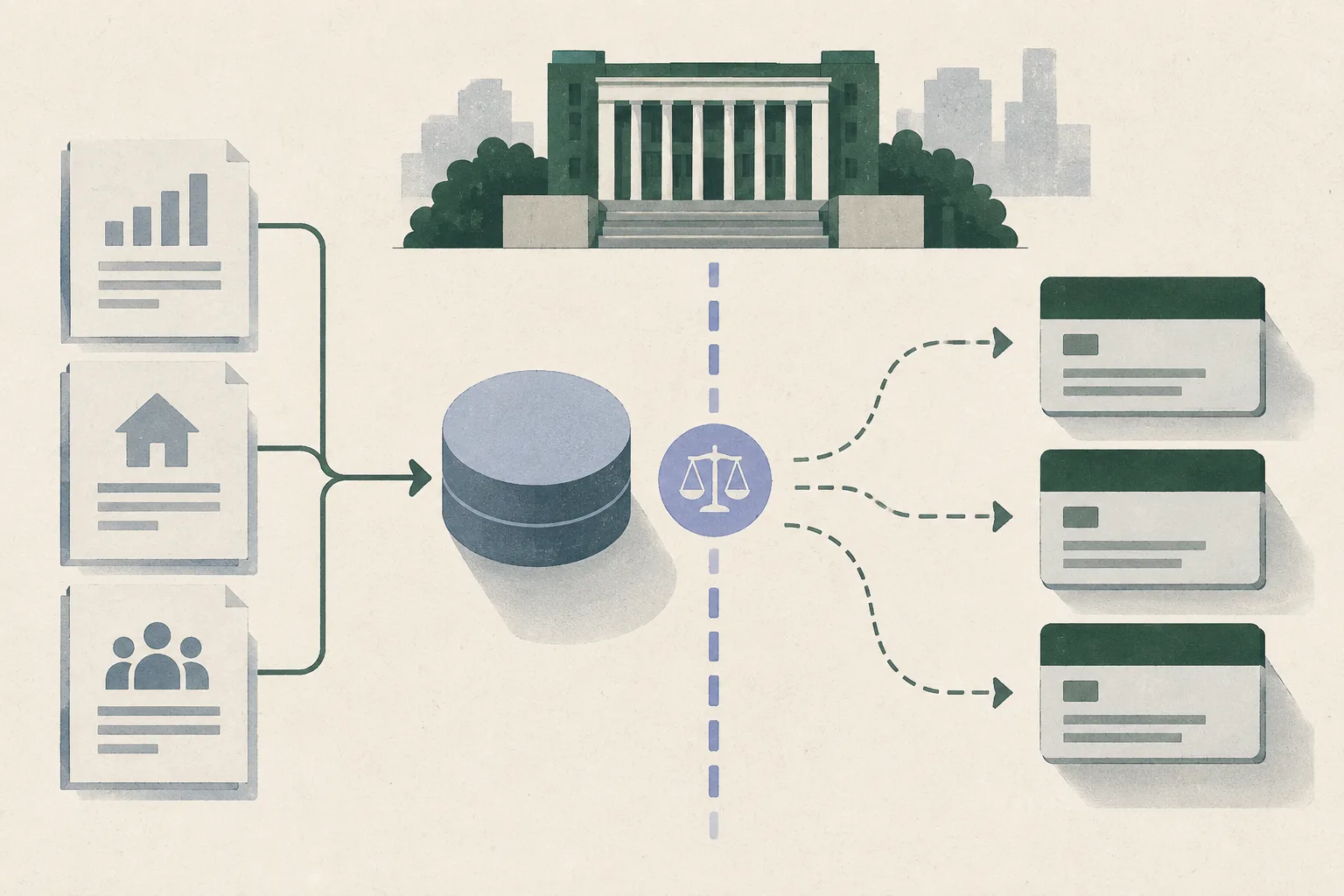 Top-down abstract illustration of loan application papers, a central funding node, separated account shapes and a geometric courthouse block divided by a neutral review boundary.