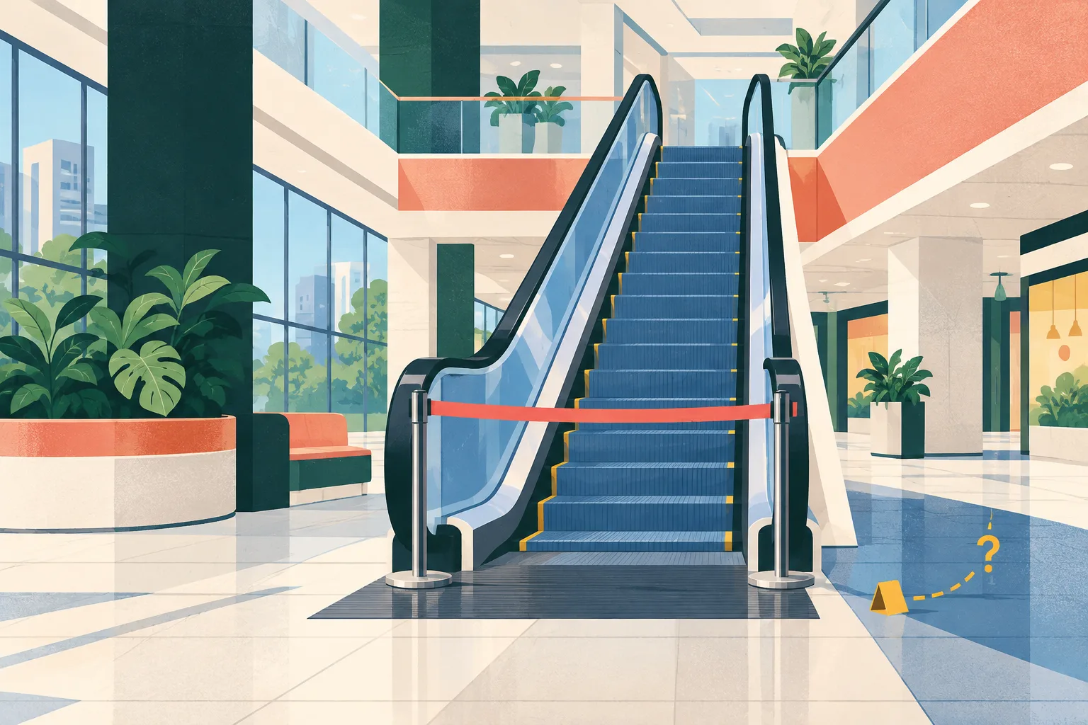 Flat architectural illustration of a shopping-centre escalator rising between two floor levels, with a simple cordon blocking the entrance and an empty concourse around it.