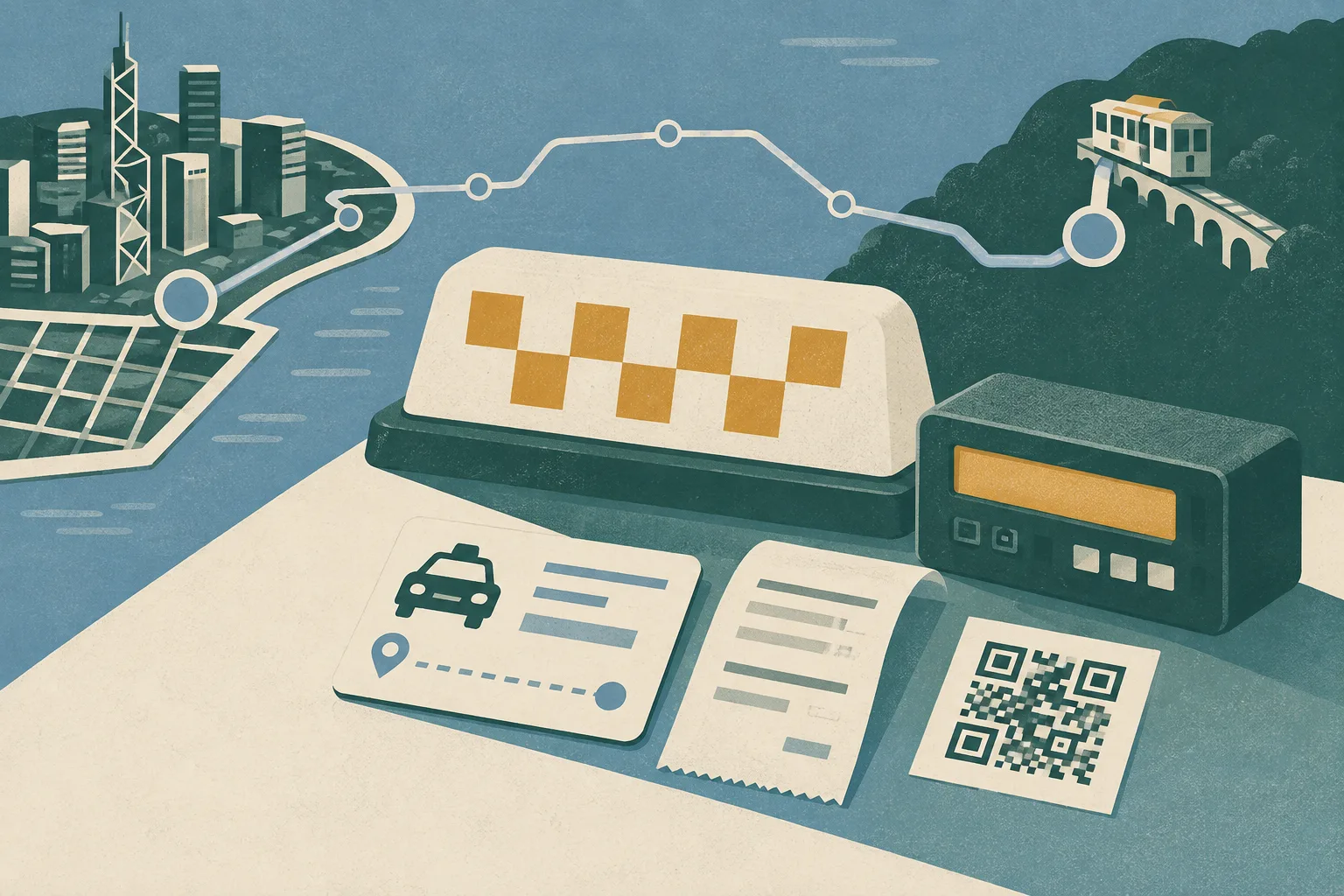 Top-down editorial illustration of a generic taxi meter, roof sign, receipt, passenger information card and QR-code pattern arranged around a simple route connecting a street grid with a hillside tram station.