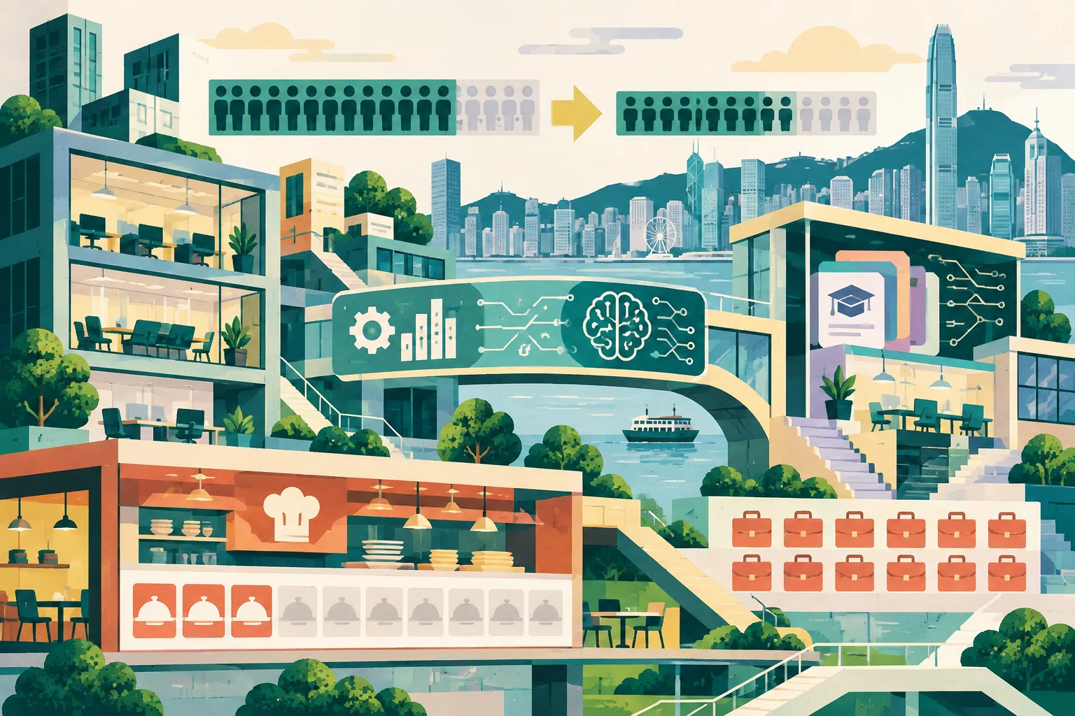 Cut-paper illustration of Hong Kong workspaces connected by a training bridge, with office blocks, restaurant-service slots, circuit motifs and a visibly narrowed but persistent labour-gap bar.