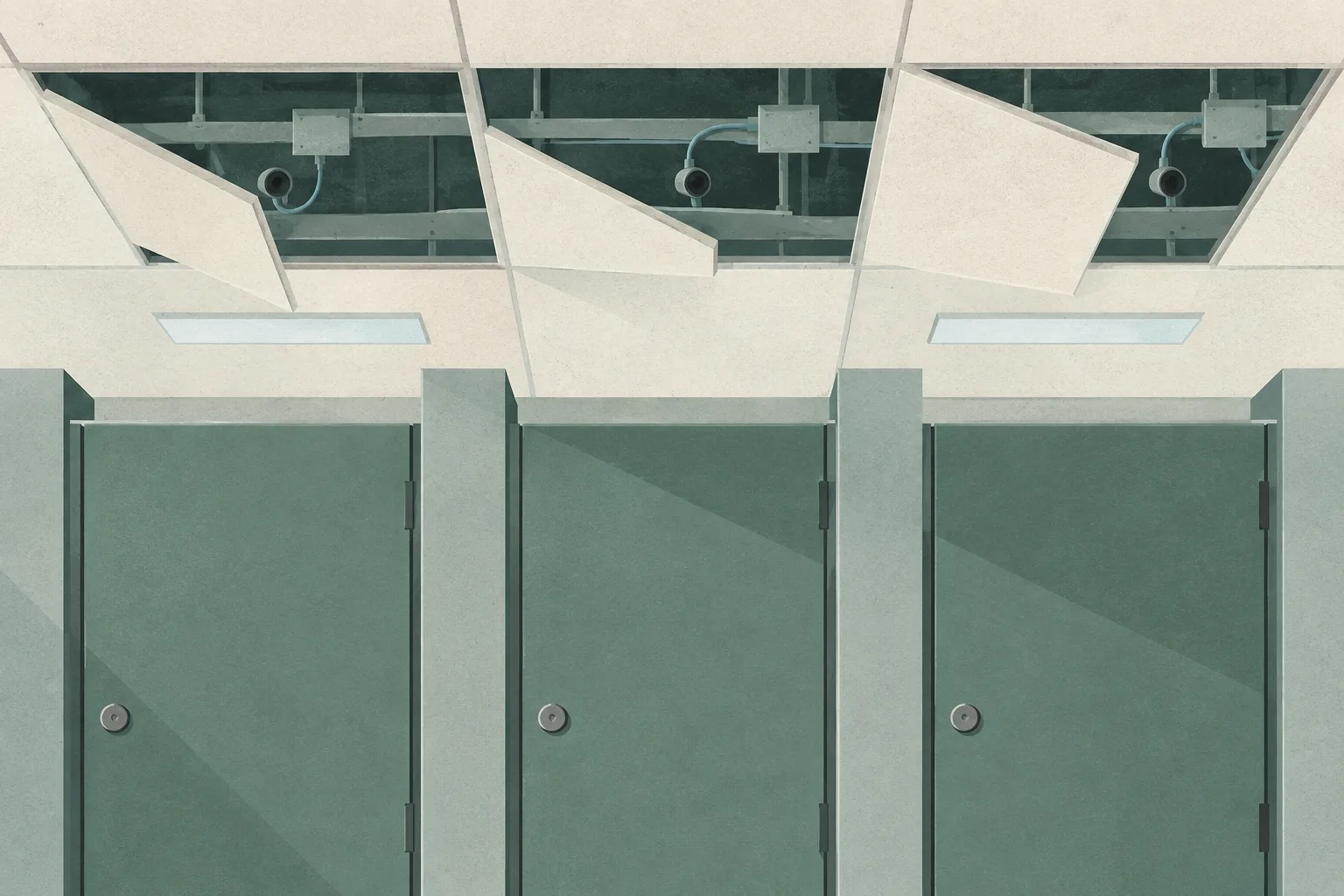 A flat architectural illustration of three closed changing-room doors beneath a false ceiling with inspection gaps, concealed dark apertures and thin wiring connected to simplified light circuits.