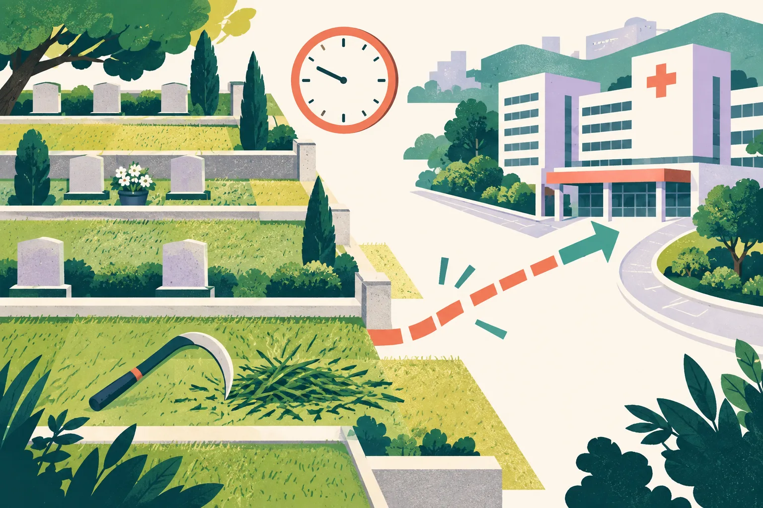 A flat cut-paper diagram shows orderly cemetery plot lines and clipped grass bands, a small sickle at a break in the maintenance path, and a simple hospital block connected by a restrained directional line.