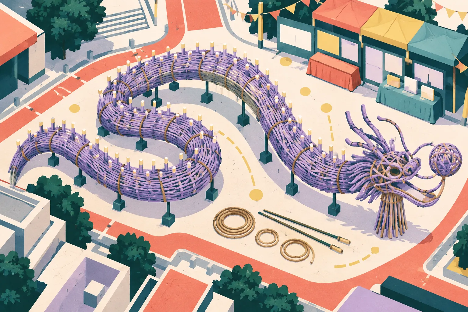 Top-down cut-paper illustration of a long purple rattan fire dragon curving across an abstract Tai Hang festival layout, with pale incense points, rope details, colourful street blocks and blank information panels.