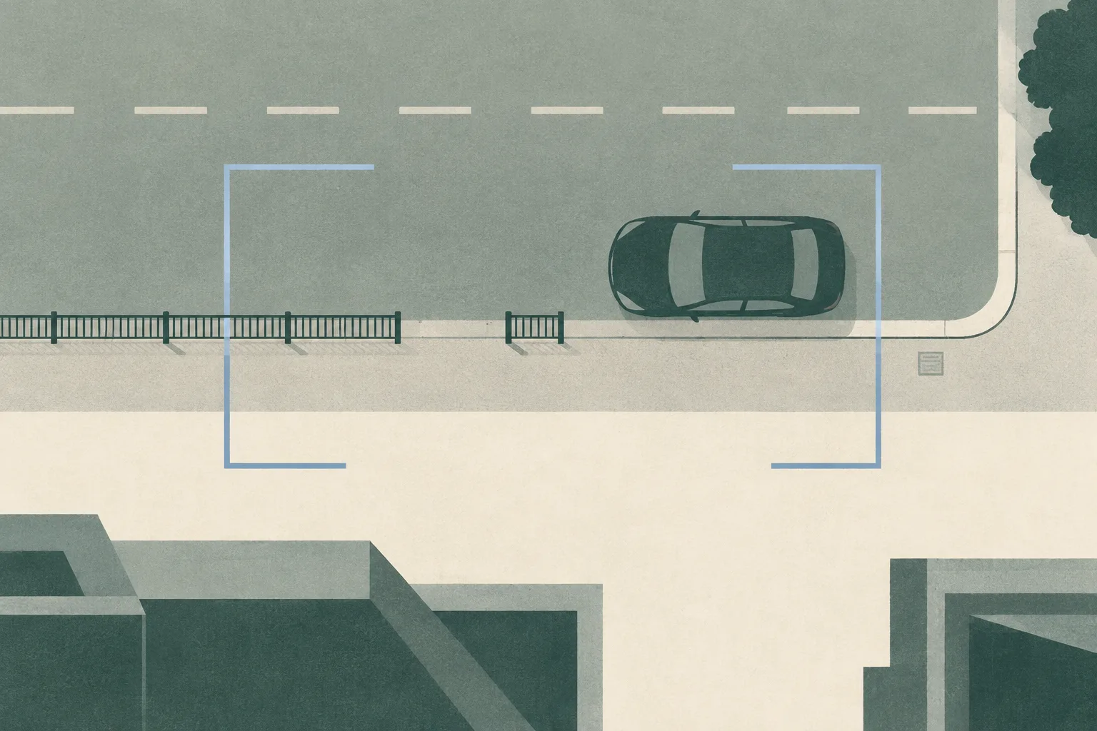 A quiet top-down civic diagram shows a muted roadway, a short roadside railing, a plain parked car, and an incomplete evidence frame separated by open space.