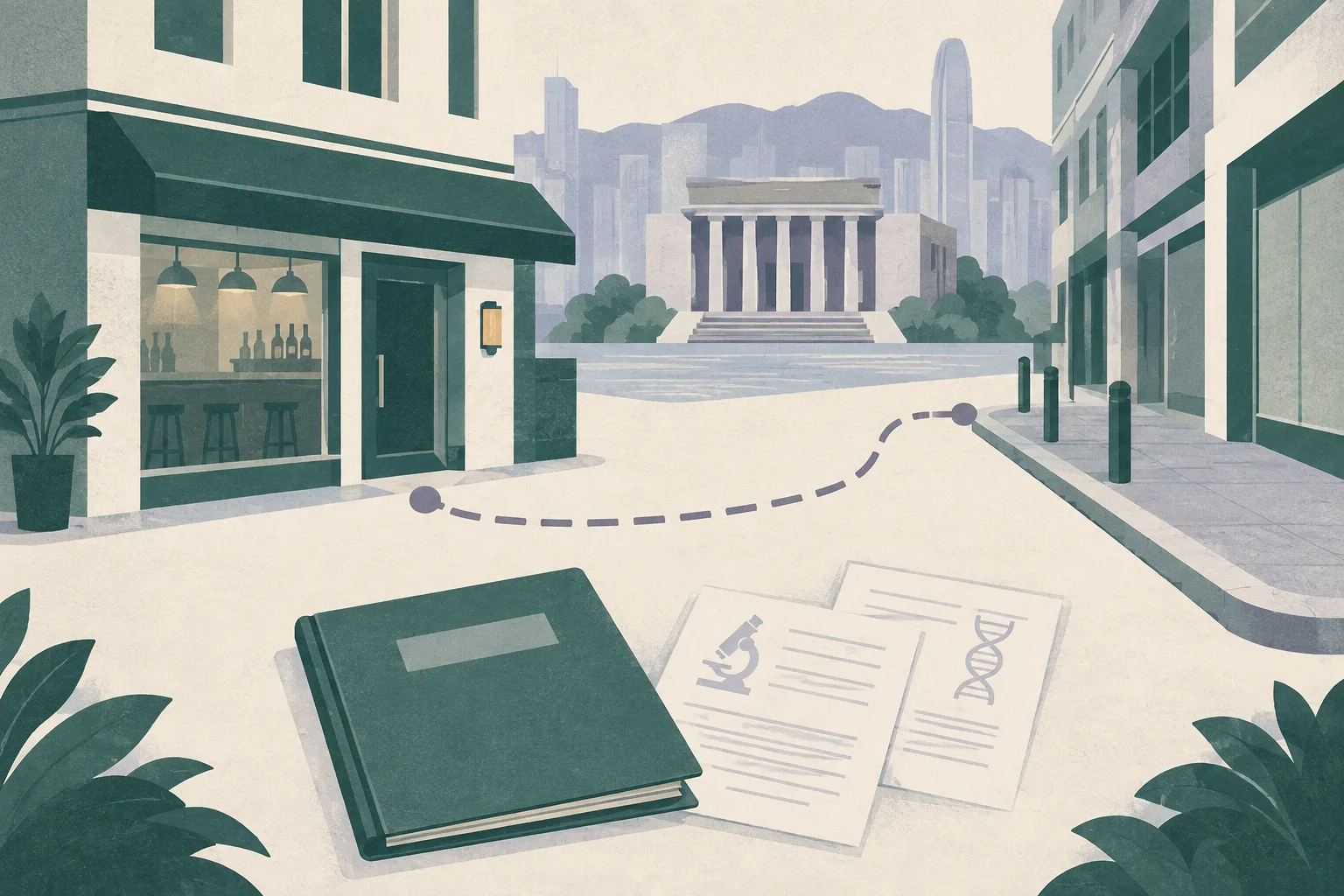 A subdued cut-paper architectural collage shows an empty bar frontage, a nearby street edge, and an interrupted route between them, with a closed case folder, blank report sheets and a simple courthouse block.