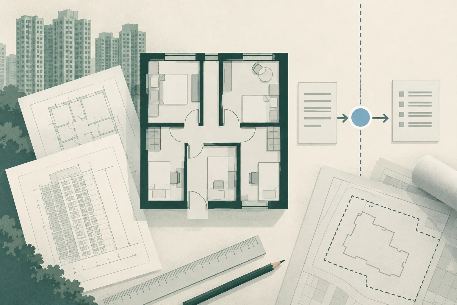 Top-down cut-paper illustration of a generic apartment floor plan divided into five compartments, surrounded by technical drawings and document sheets, with a clear boundary separating registration from certification.