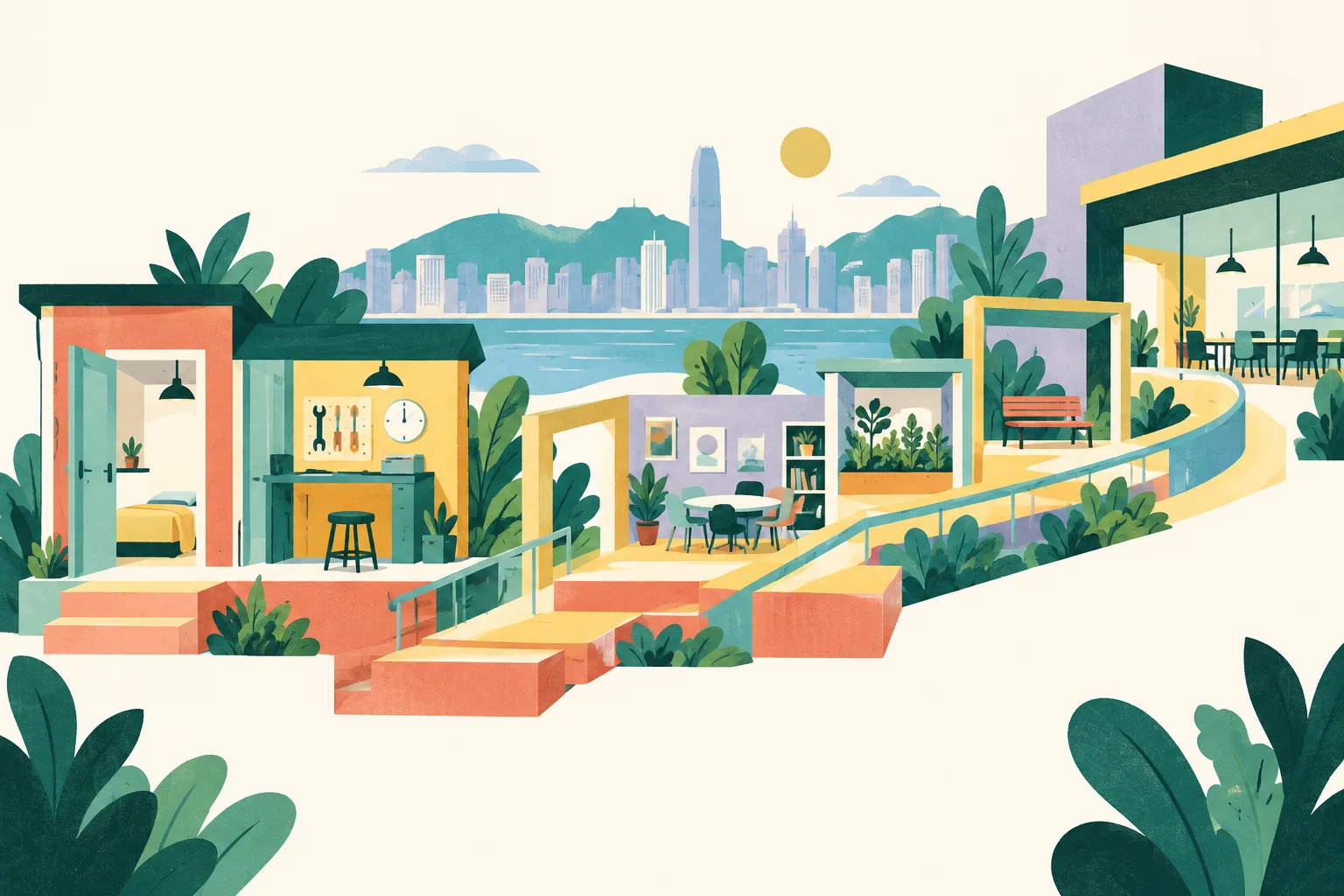 A flat architectural collage shows a stable doorway connected to a compact workbench, shared community spaces and a series of short platforms leading towards a larger civic workspace, with a protective band running alongside the route.
