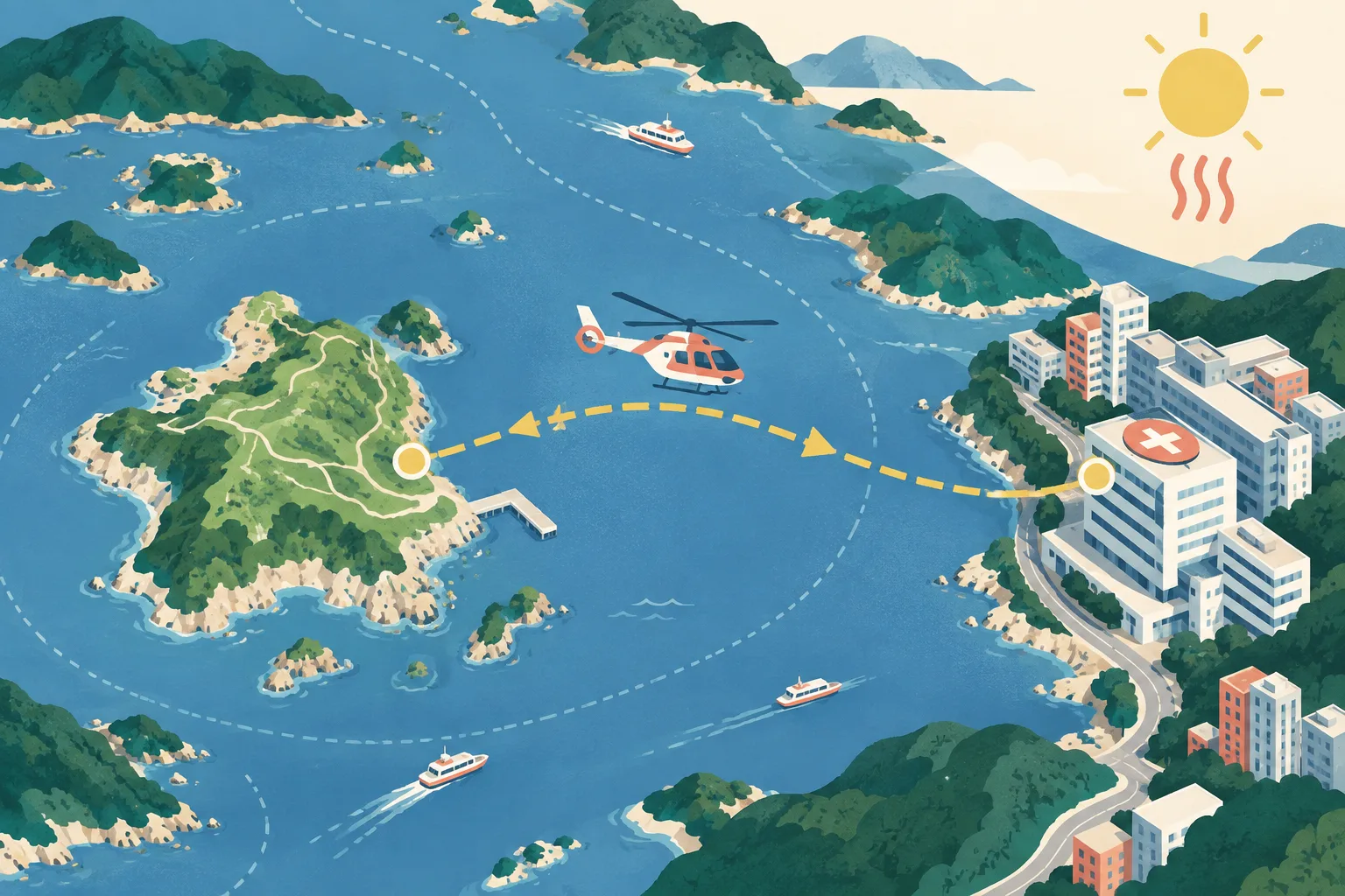 Top-down cut-paper map showing Crescent Island, surrounding waters, a helicopter rescue route to a simplified Eastern Hospital block, and a separate warm-weather warning symbol.