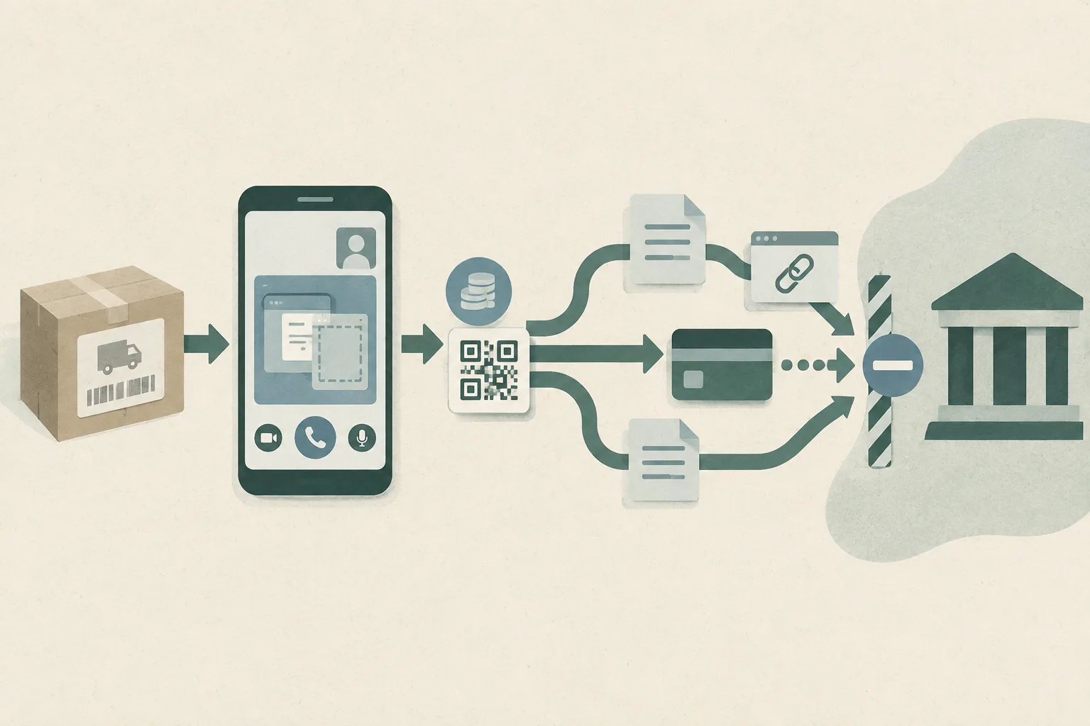 Top-down cut-paper diagram of a parcel leading to a smartphone, a small refund token, a QR-code tile and an expanding payment route stopped by a protective boundary.