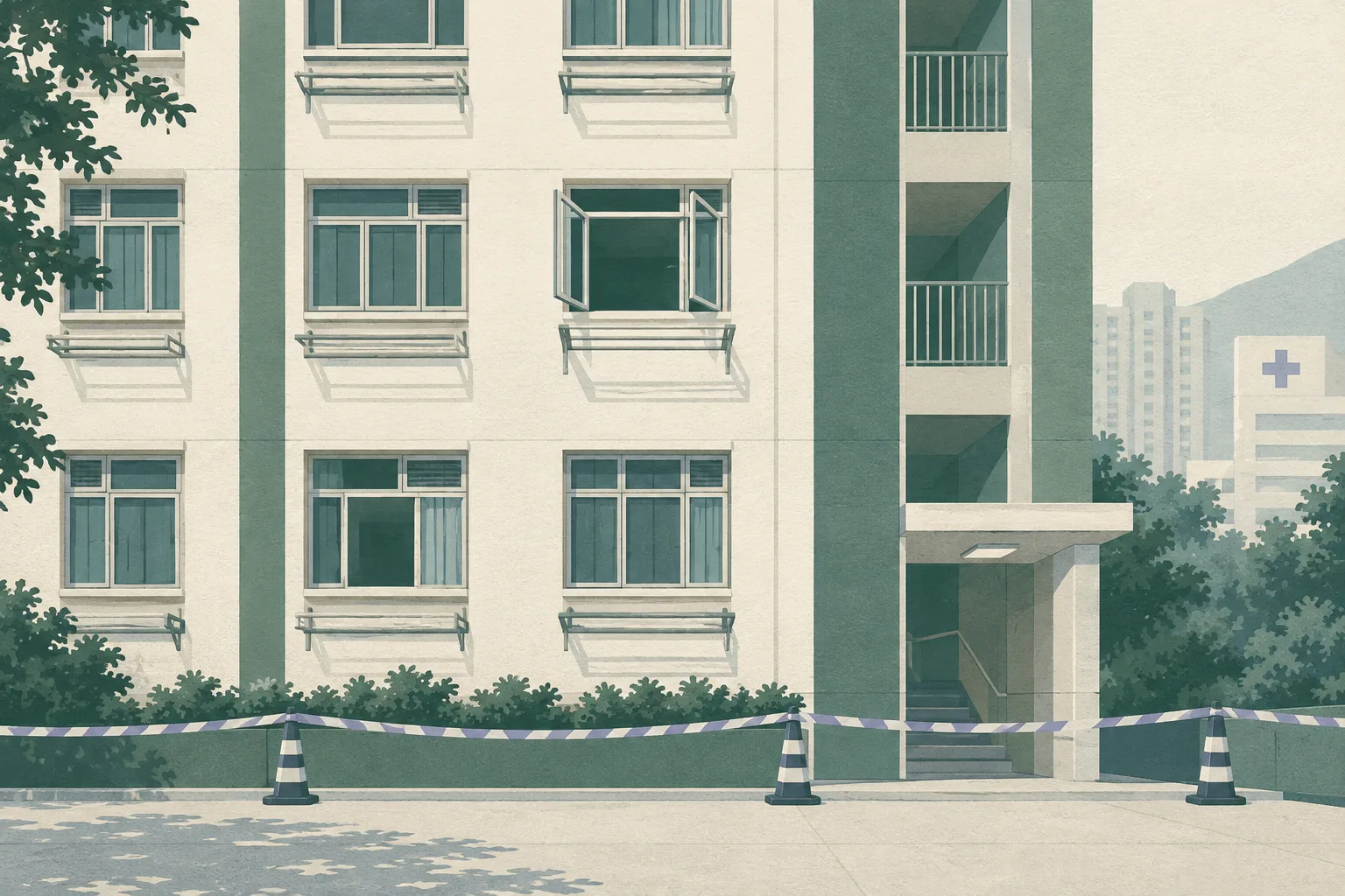 A quiet cut-paper illustration of a residential tower facade with one open window, an empty external drying rack and a thin cordon line below, using muted blue, teal and warm grey shapes.