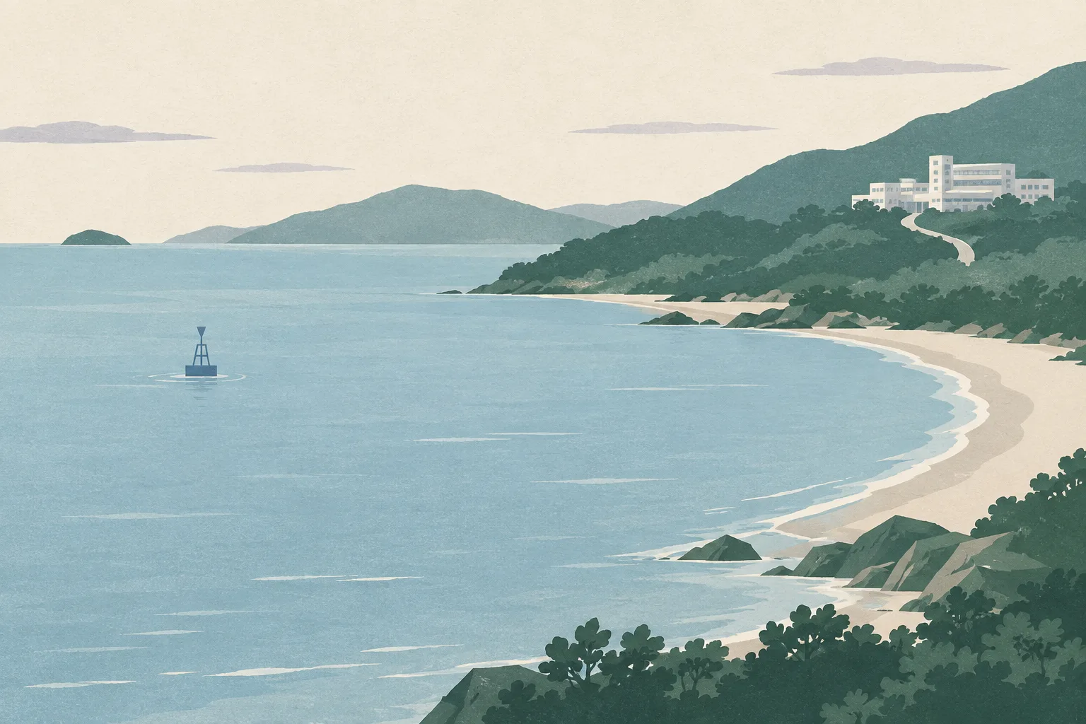 A quiet cut-paper illustration of an empty beach and calm sea, with a small offshore location marker and a faint civic building form inland connected by a subtle route line.