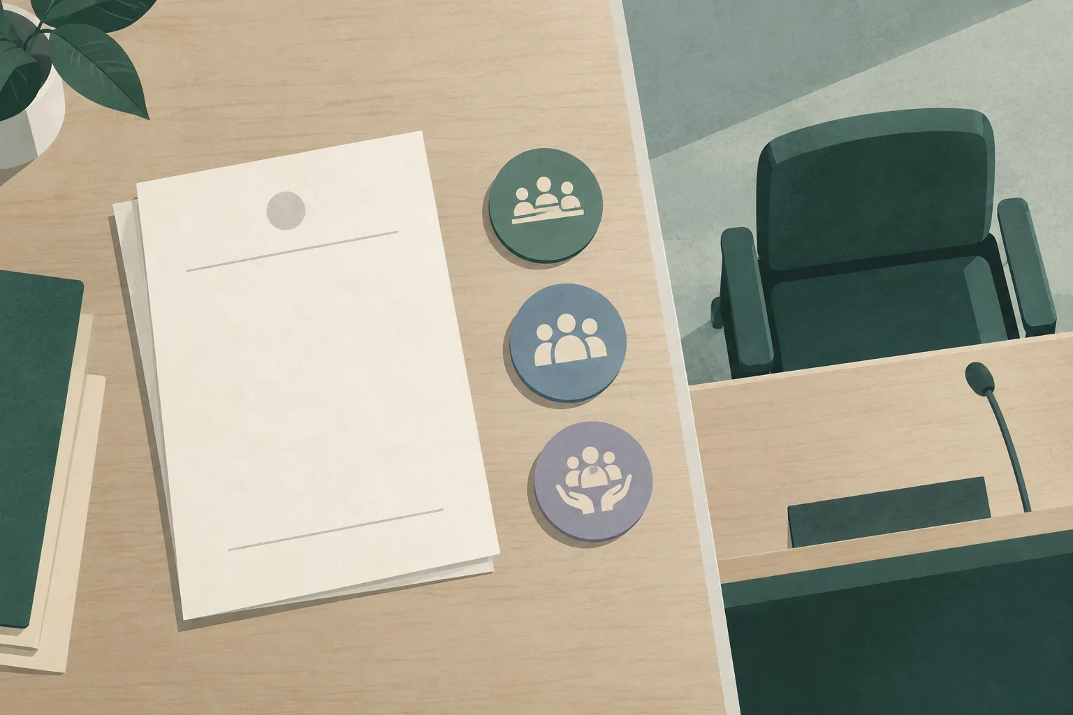 Top-down illustration of a blank official notice, three separated civic role markers, and an empty council chair beyond a thin boundary line on a muted desk surface.