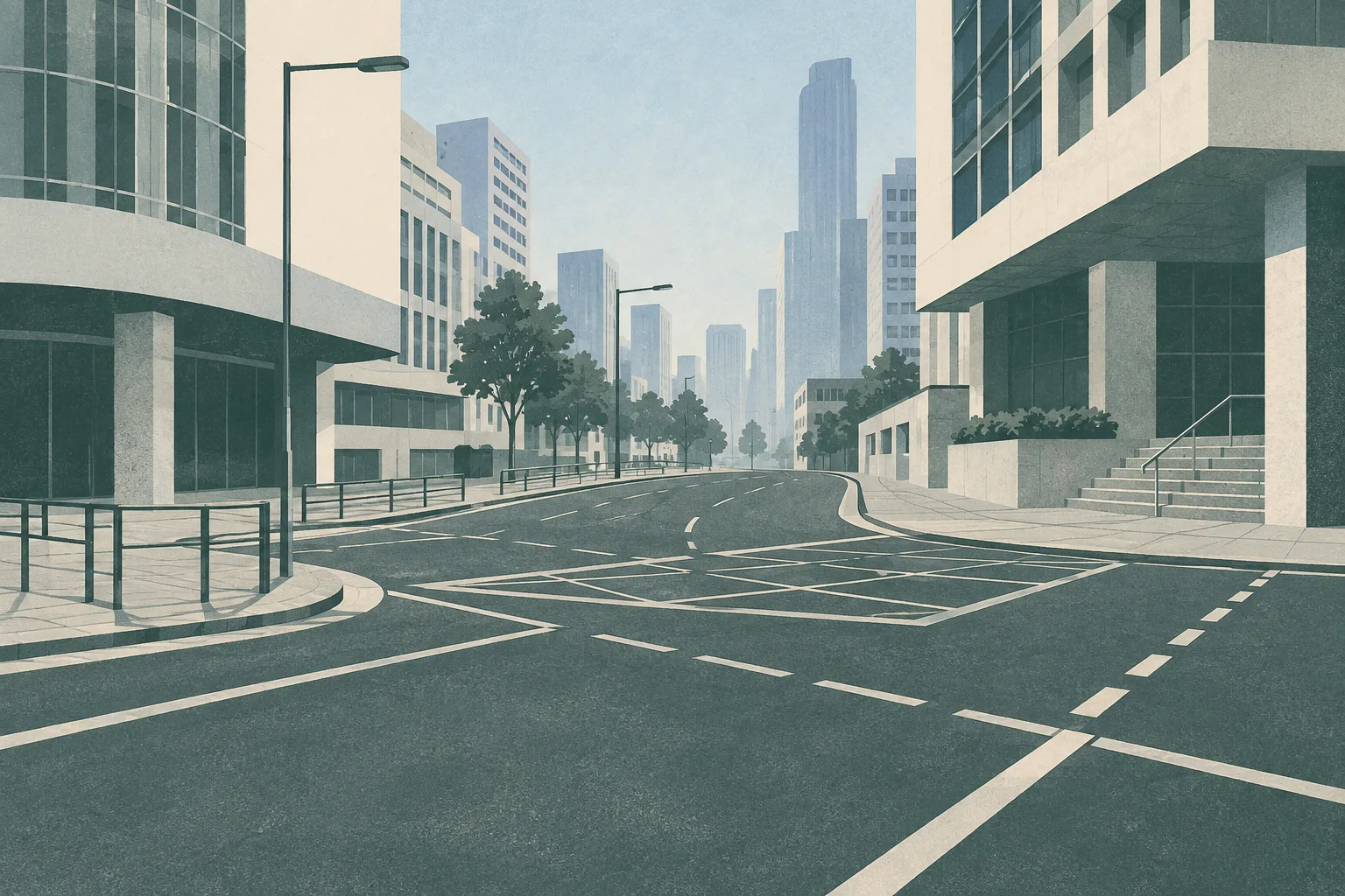 A simplified early-morning street junction with overlapping road planes, curb lines and muted building façades, interrupted by a small set of abstract route marks.