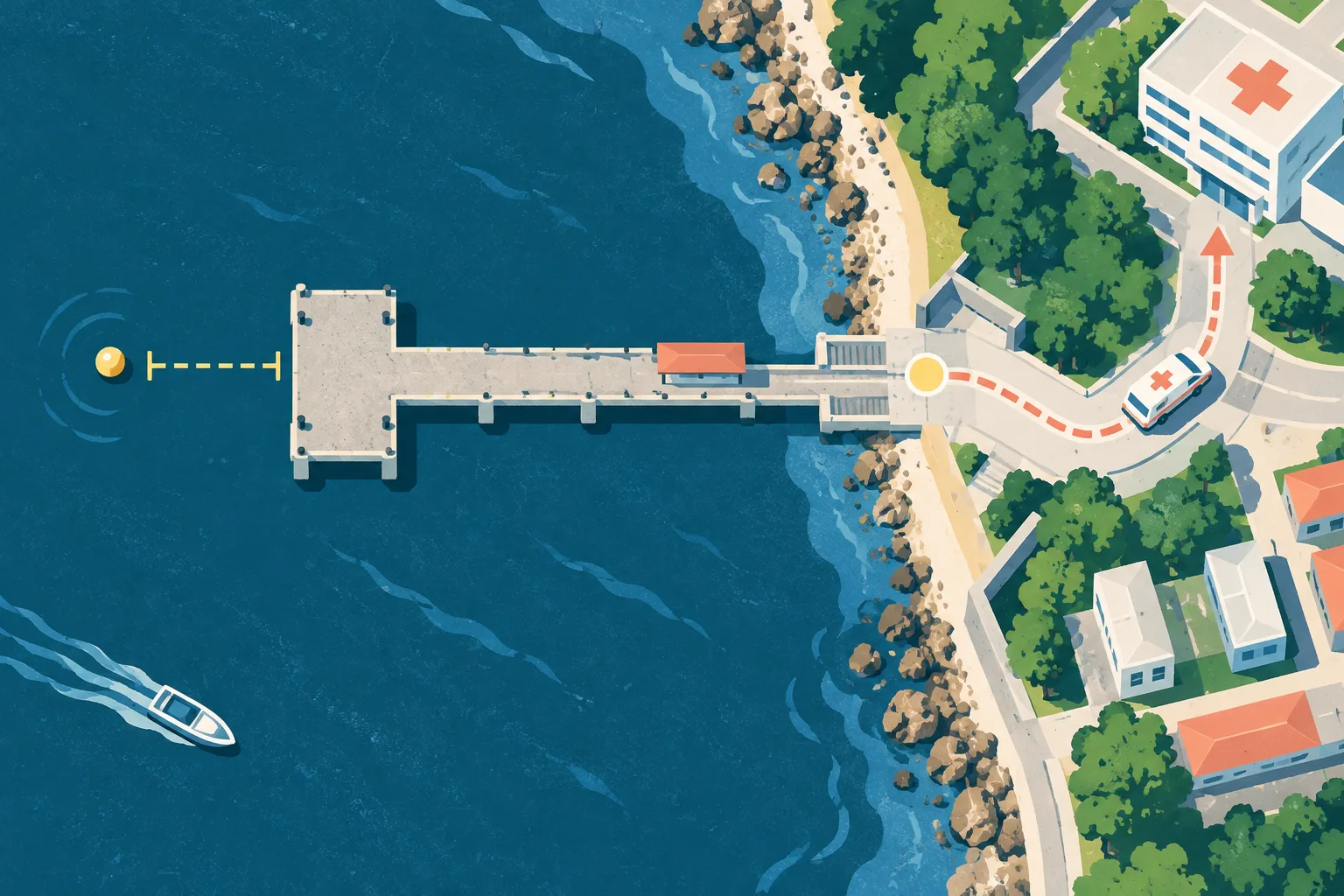 A top-down cut-paper diagram shows a simplified pier extending into blue sea, a neutral offshore location marker about 20 metres away, a shore landing point, and an abstract ambulance route leading inland.