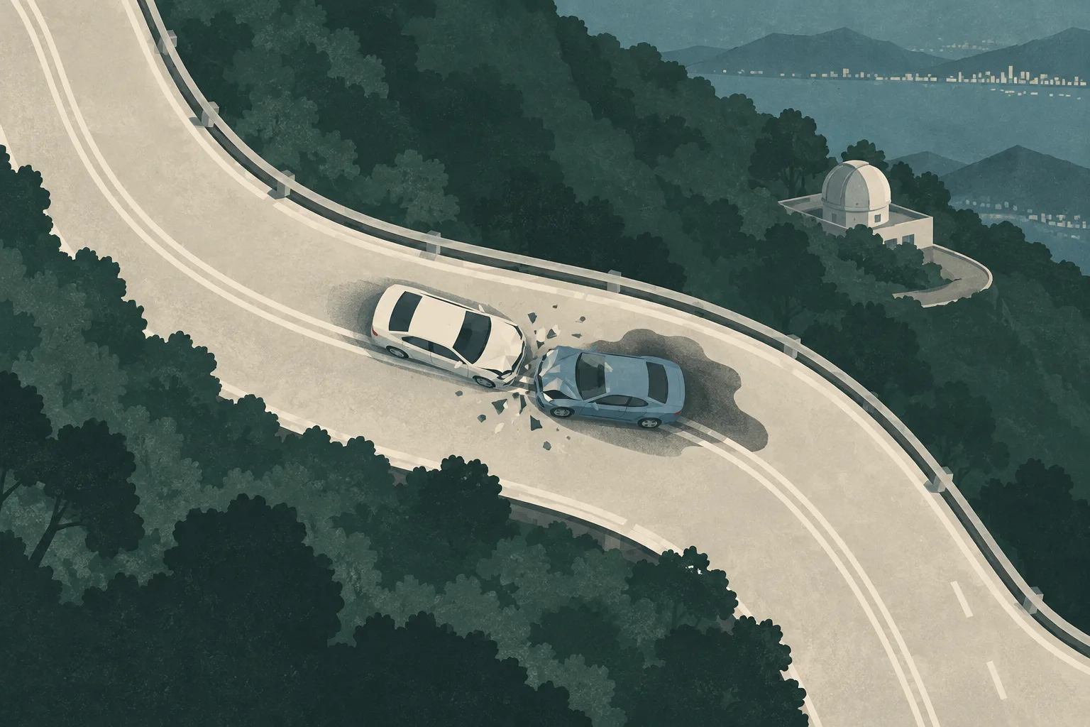 Top-down cut-paper illustration of a winding hillside road at night, showing two simplified damaged vehicles meeting across interrupted double centre lines, a small darkened patch, scattered road fragments, and subtle hillside and dome forms.