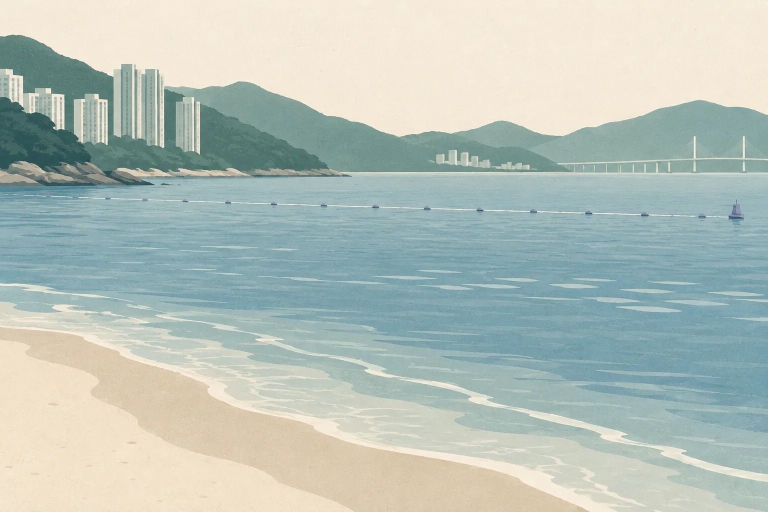 A quiet early-morning shoreline near Tsuen Wan meets a broad mineral-blue sea, with restrained ripples extending into the empty offshore water.