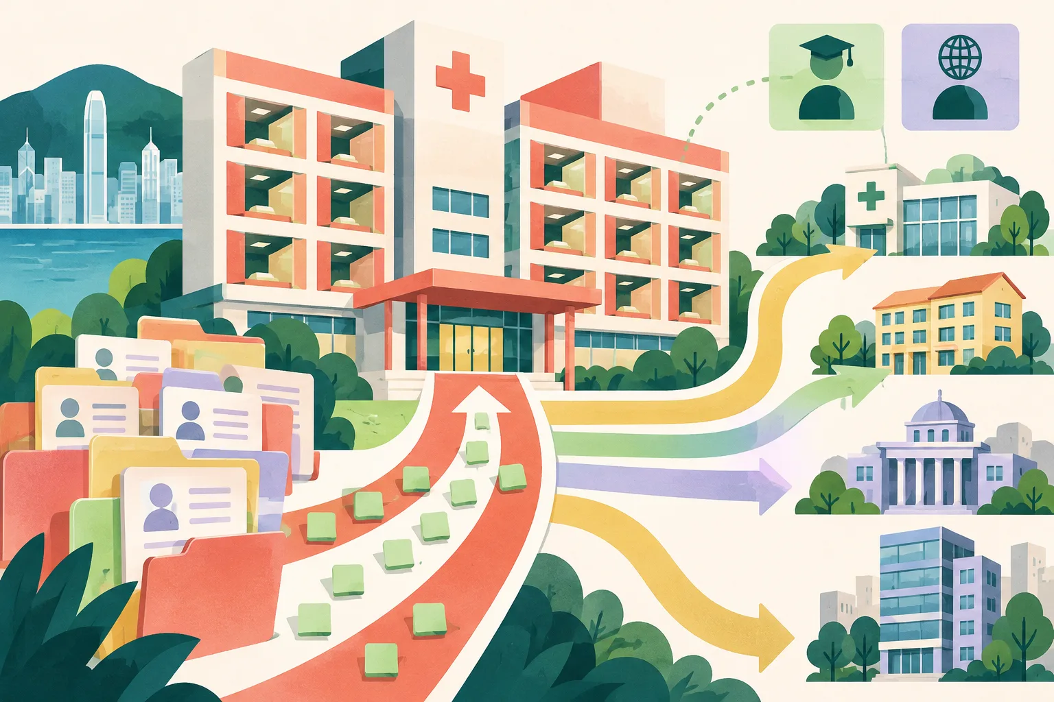 A cut-paper public hospital with open window modules, application folders at its entrance, a main pathway carrying most geometric tokens inside, and smaller branching routes toward clinic, care-home, civic-building and office forms.