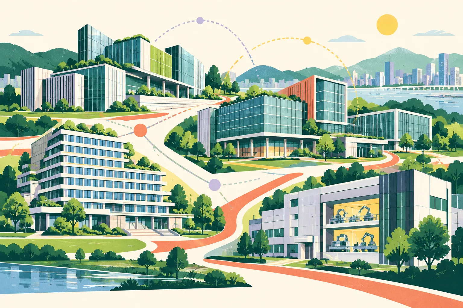 Flat illustrated collage of distinct technology park buildings linked by geometric pathways, with an academic building and a compact microelectronics research facility arranged in a bright Northern Metropolis development scene.