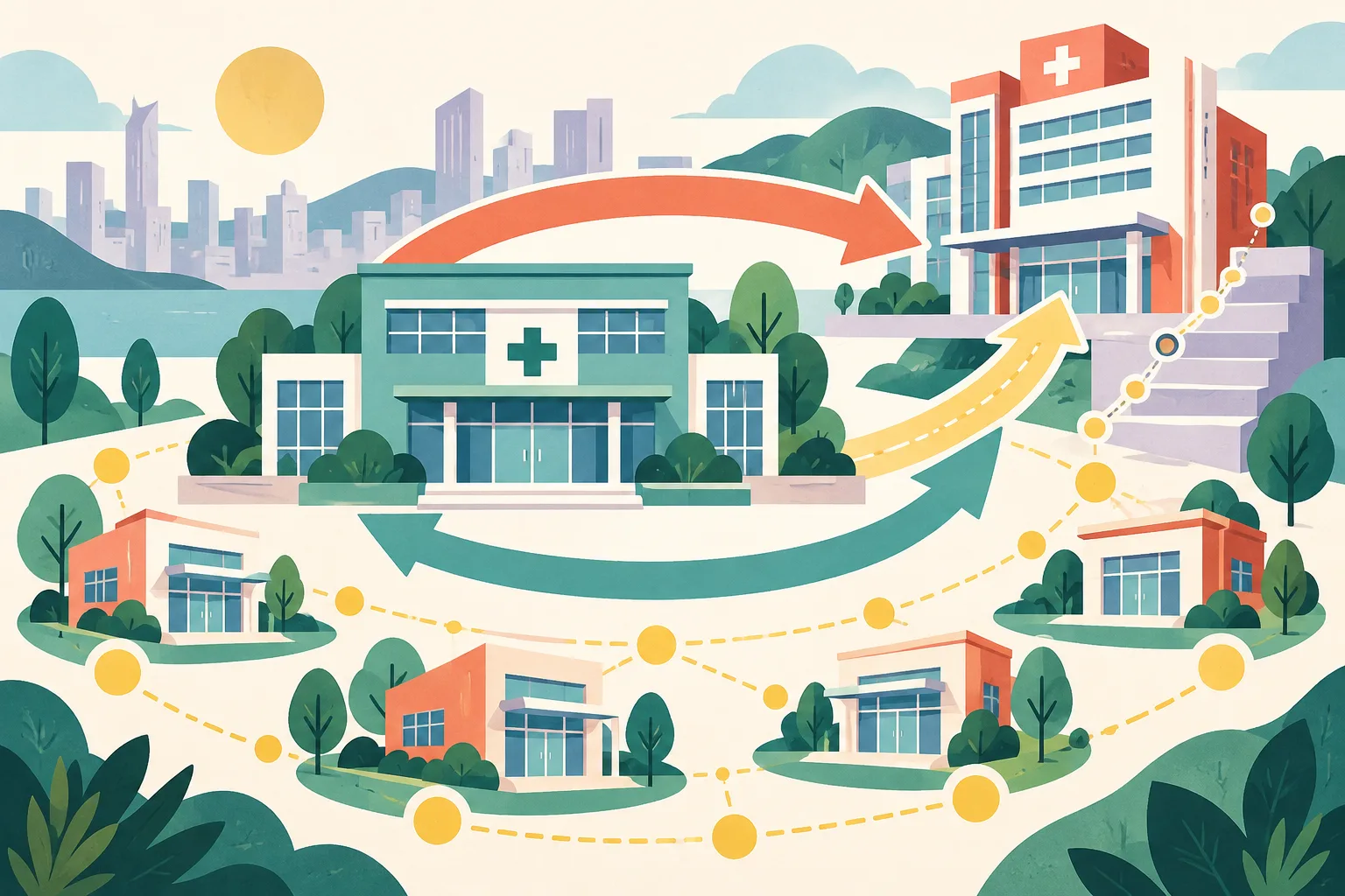 A cut-paper architectural collage shows a central family health clinic linked by two-way paths to a specialist outpatient building, with smaller community health centres and an abstract waiting-time pathway arranged around them.