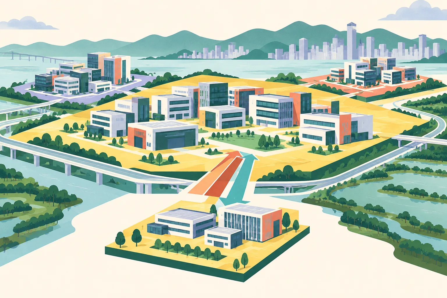 A cut-paper architectural collage shows a large ochre industrial land parcel with a smaller coral parcel moved forward along teal geometric infrastructure bands. Simplified technology-park blocks and service-grid shapes form a balanced composition against a pale background.