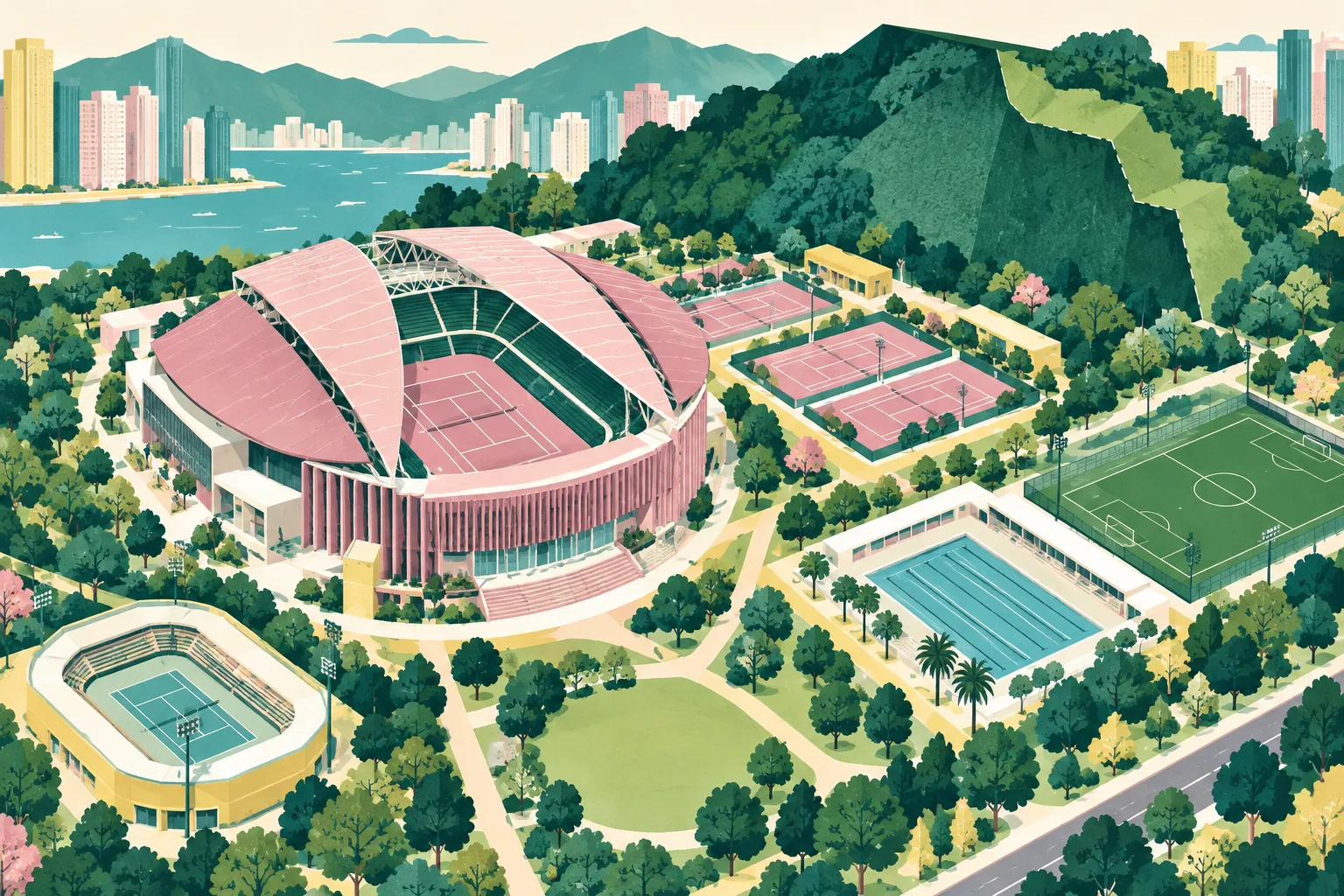 Flat cut-paper illustration of a proposed Victoria Park tennis redevelopment, showing a roofed main arena, smaller practice courts, a faceted hillside, and separate swimming-pool, football-pitch, and possible interim stadium forms.
