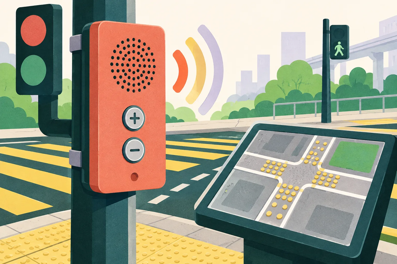 A cut-paper illustration of a modern pedestrian crossing sound box, a raised tactile street map, a two-button remote control and three abstract sound waves arranged over geometric crossing stripes.