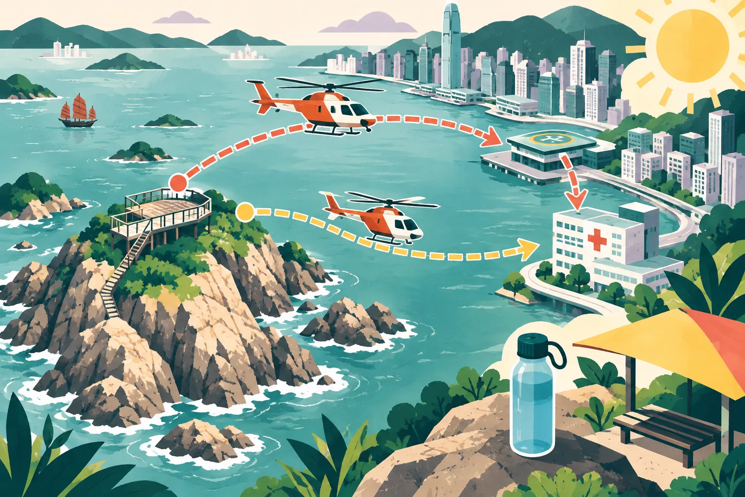 A cut-paper style map abstraction shows a rocky island viewing platform connected by two separate route lines to a heliport and hospital block, alongside a water bottle, shaded canopy and warm sun symbol.