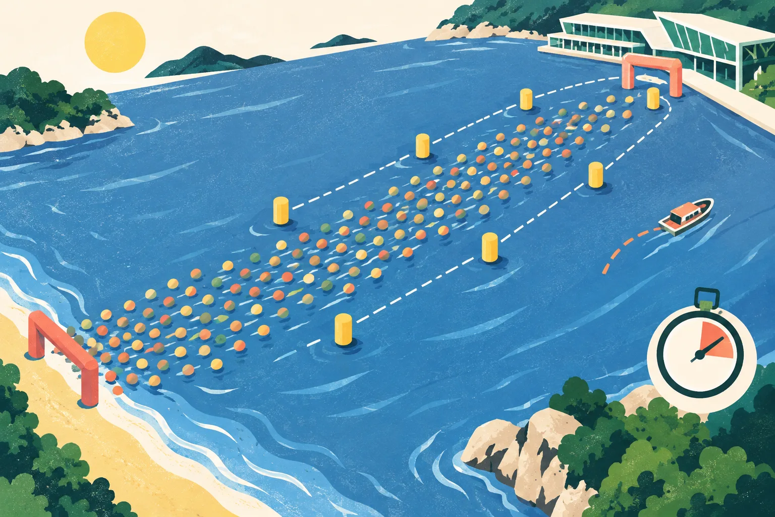 Top-down cut-paper illustration of an open-water race route crossing a blue harbour from a sandy beach edge to a geometric watersports centre, with coral and ochre buoys, clustered circular markers, a stopwatch, a warm sun disc and a small separated rescue boat.