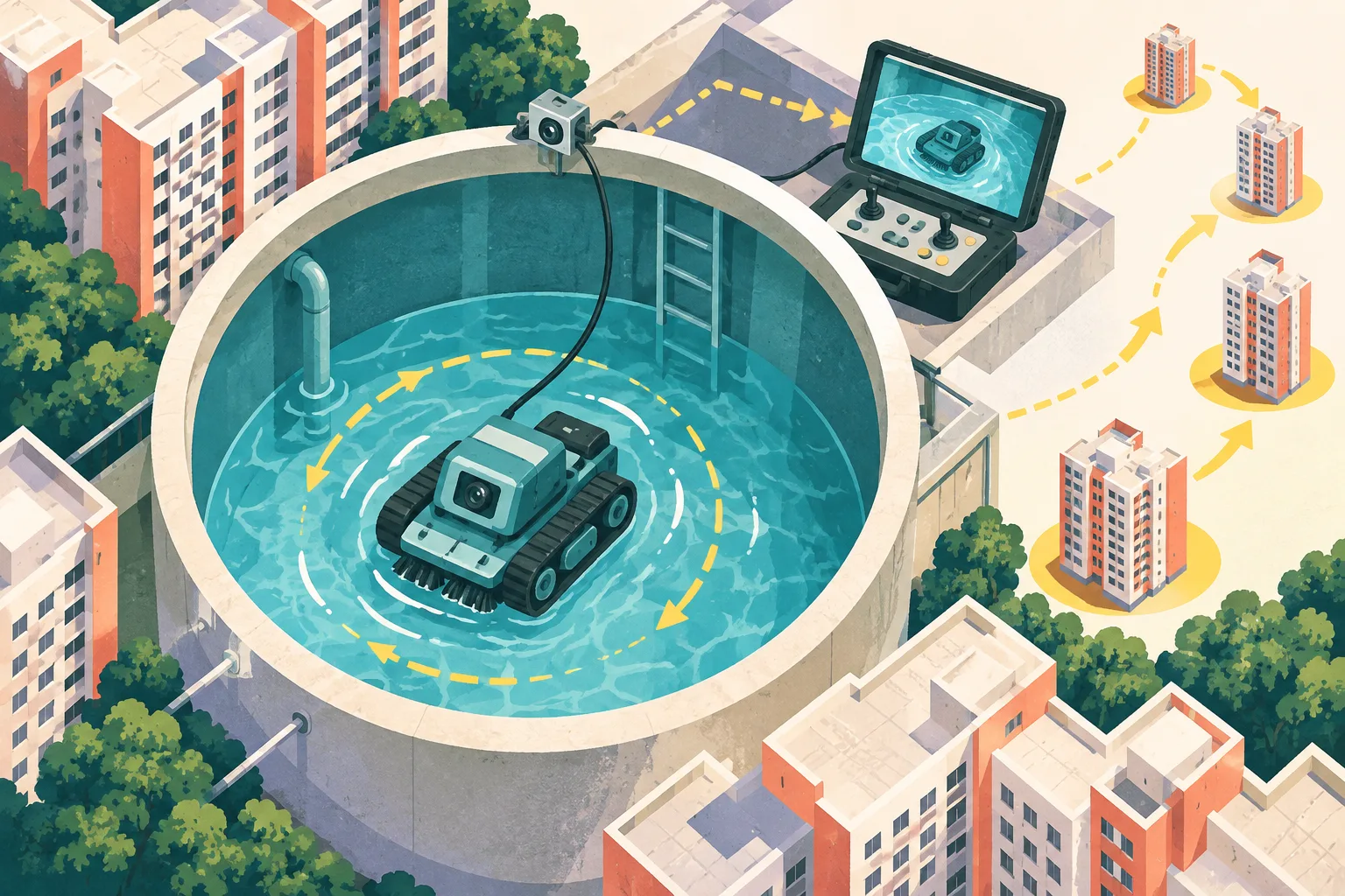 A cut-paper style diagram shows a compact amphibious cleaning robot moving through a circular water tank while a camera at the opening connects to a remote-control unit outside. Simplified public-housing towers, water ripples and directional pathways surround the system in teal, coral, ochre and lil
