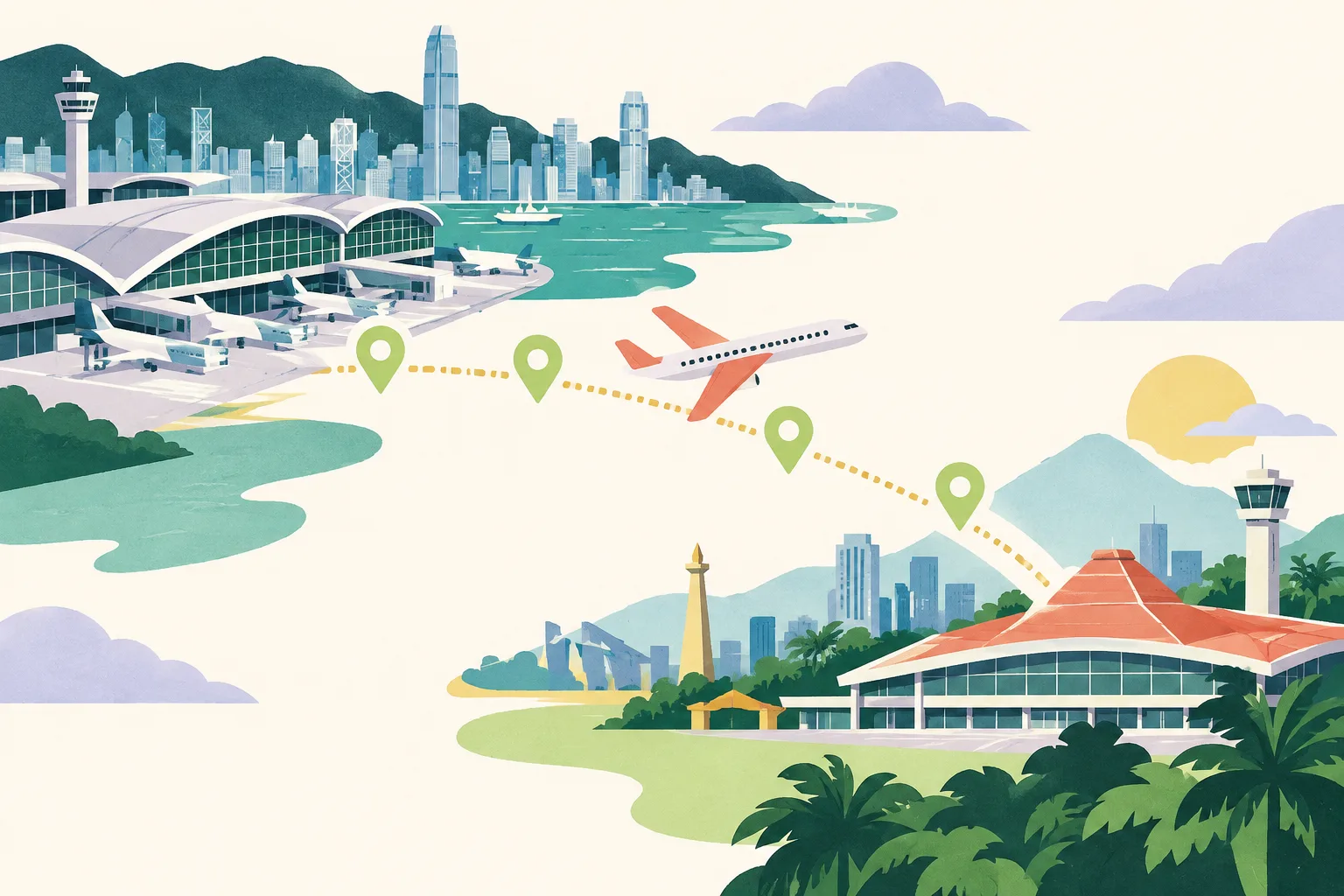 Cut-paper style diagram showing two simplified airport terminals connected by a direct route line, four weekly service markers, and an abstract aircraft moving from Hong Kong toward Surabaya.