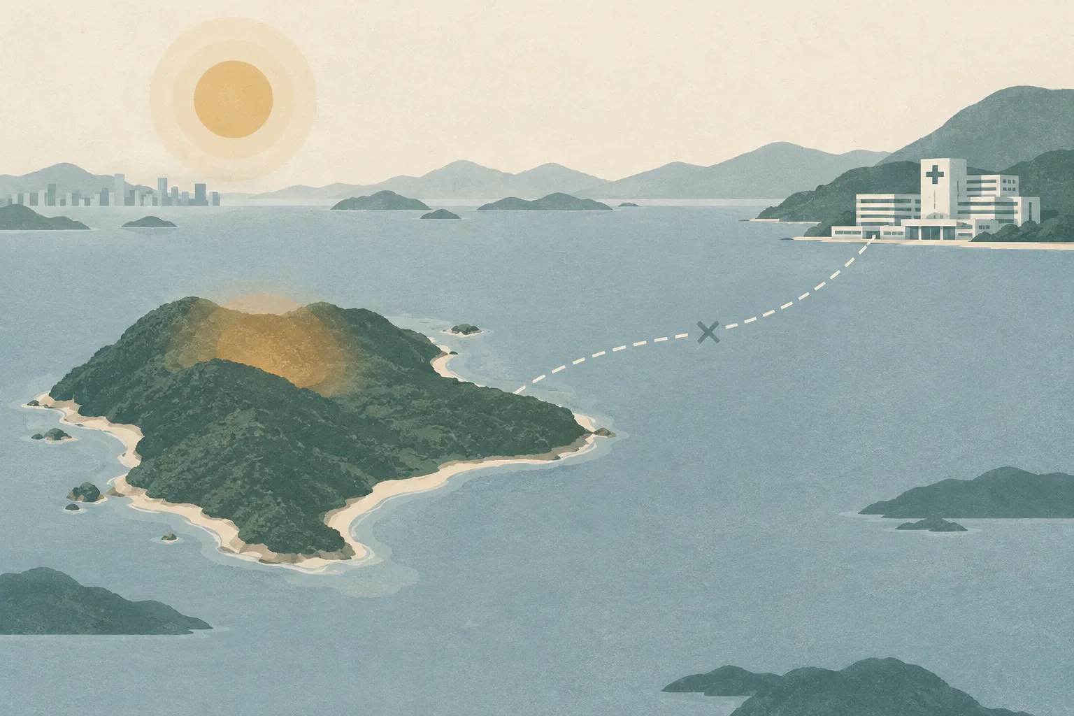 An abstract top-down illustration shows a quiet island shoreline separated from a simple hospital block by an interrupted transfer route, with a muted heat band above the island and no people present.