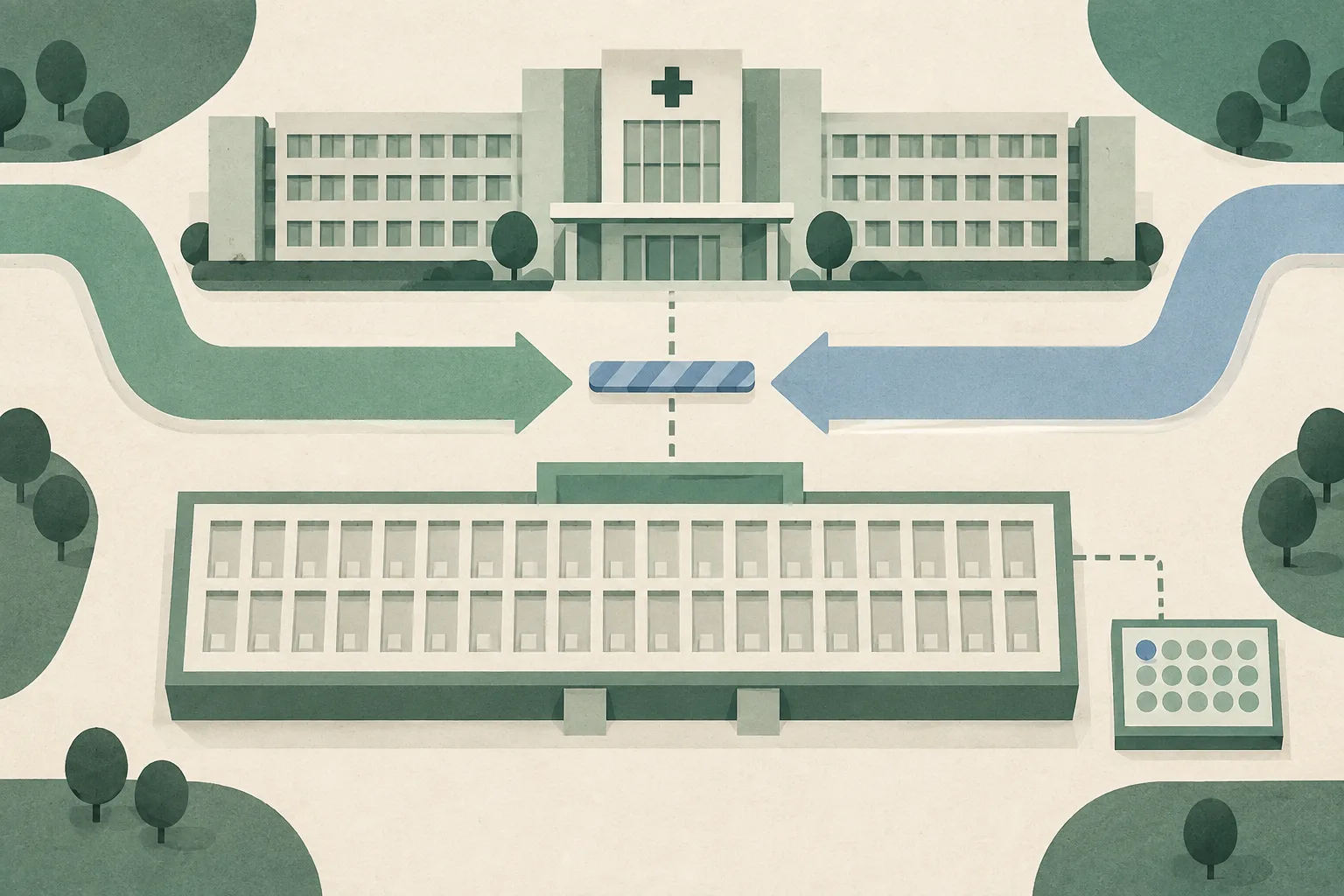 A flat cut-paper diagram of a simplified hospital building with repeated open staffing slots, two separated pathways approaching the entrance, a small inset cluster, and a horizontal pause bar between the routes.