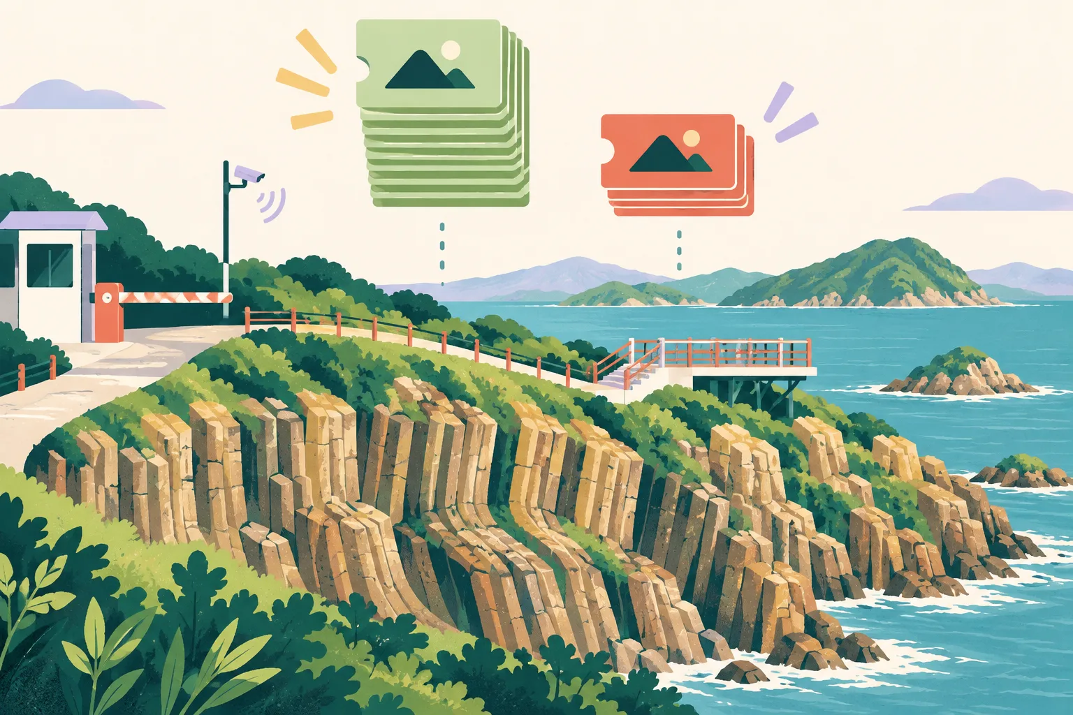 Flat graphic collage of a Hong Kong coastal hiking trail with angular twisted rock columns, a viewing platform, orderly reservation and attendance tile stacks, and a simple managed entry point in blue, lime, coral and ochre.