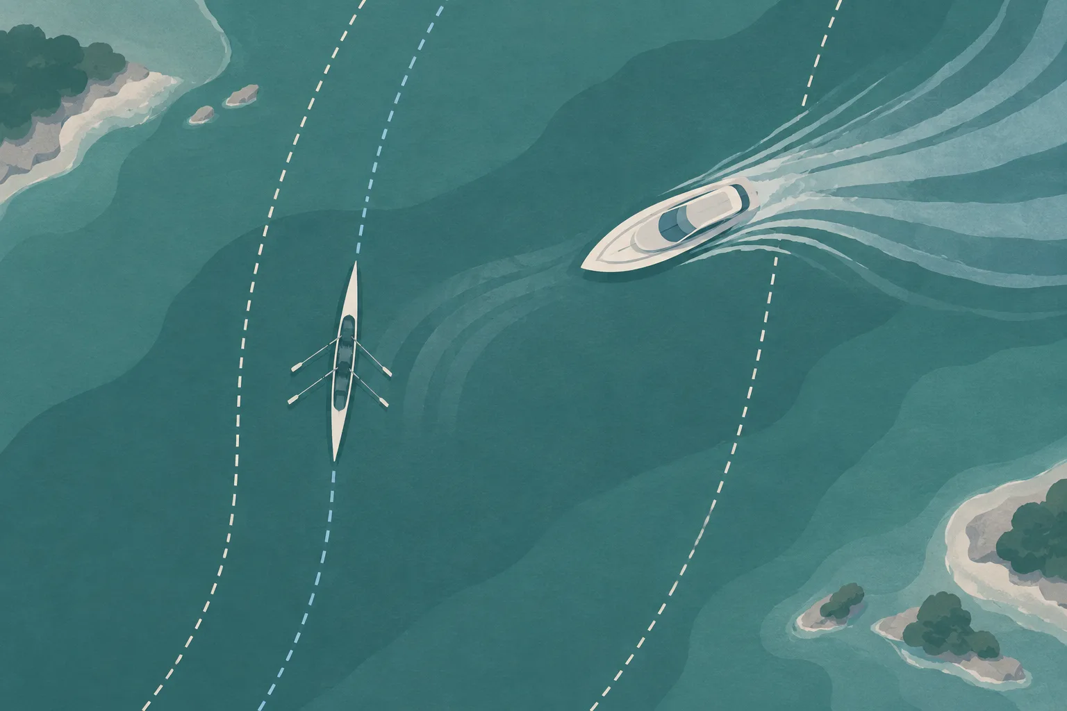 Top-down editorial diagram of a rowing boat and a yacht on simplified blue water, with overlapping wake arcs, a marked coastal route and a neutral survey boundary indicating an official investigation.