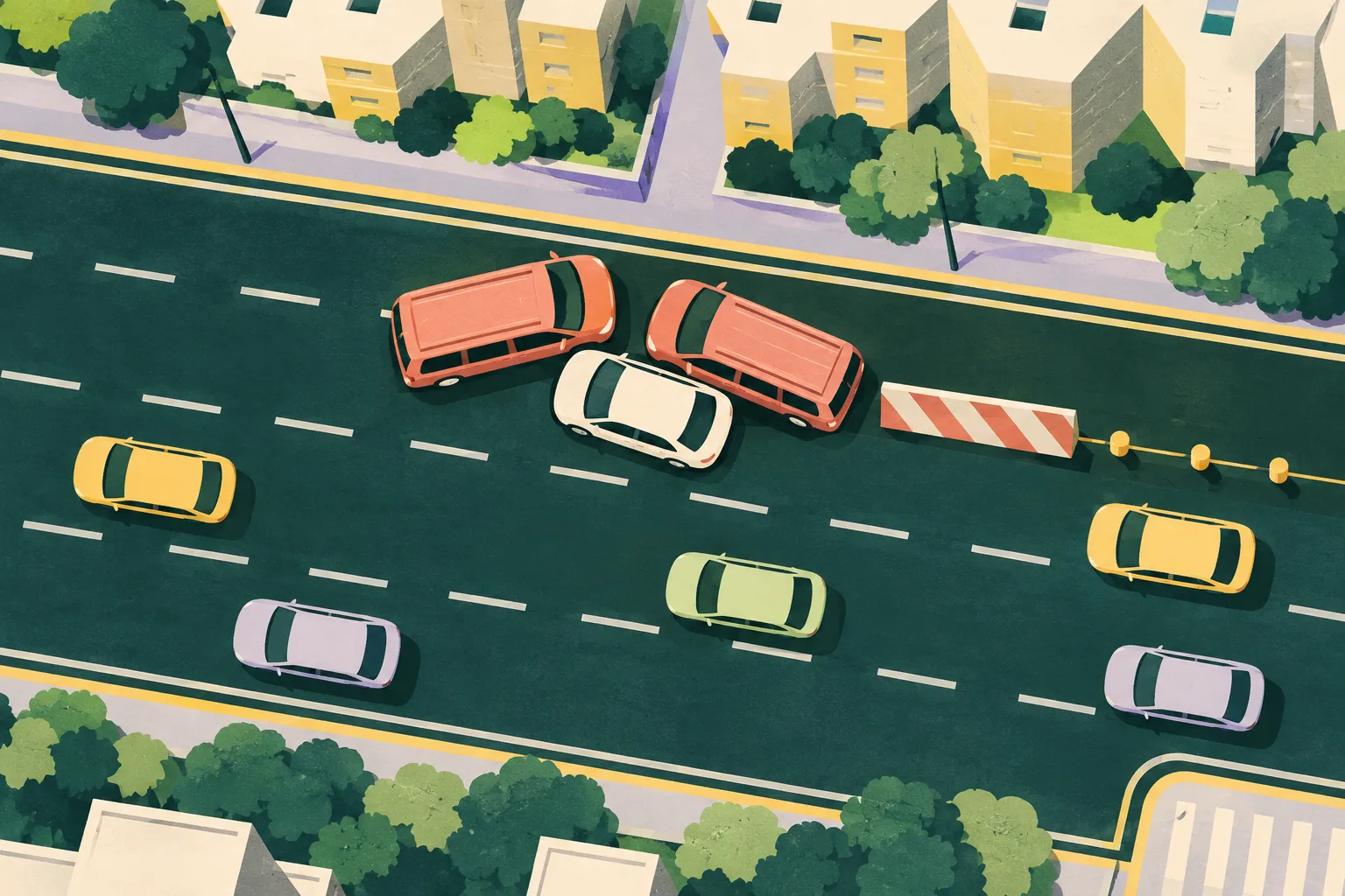 Top-down cut-paper illustration of three simplified vehicles on an urban road, with one lane closed by a solid barrier block and the remaining lanes continuing beside abstract building shapes.