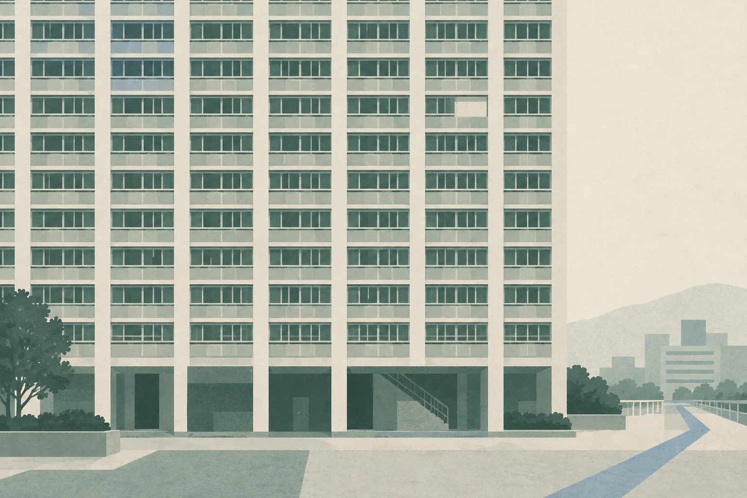 A quiet cut-paper illustration of a simplified high-rise residential estate facade with a small interruption in its window grid, a muted blue route line, and a plain geometric ground plane.