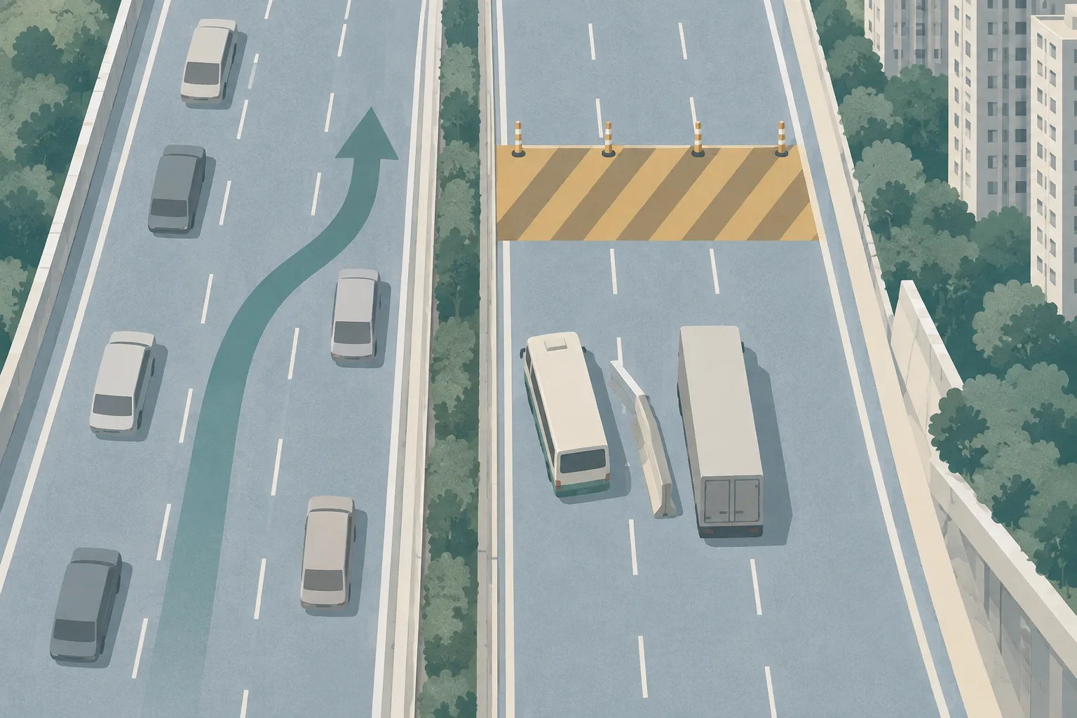 Top-down cut-paper illustration of a divided highway with two simplified vehicle shapes, a roadside divider, a temporary closure band and an alternative-route arrow.