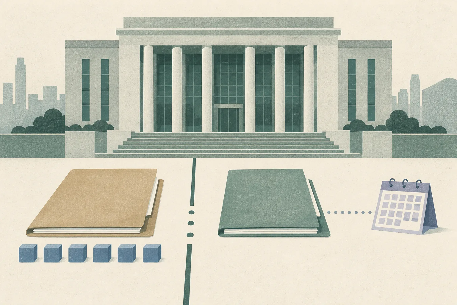 A flat cut-paper illustration of a simplified magistrates' court facade, two separate closed document folders, a boundary line and a small calendar block, in mineral blue with muted ochre, dusty teal and soft lavender accents.