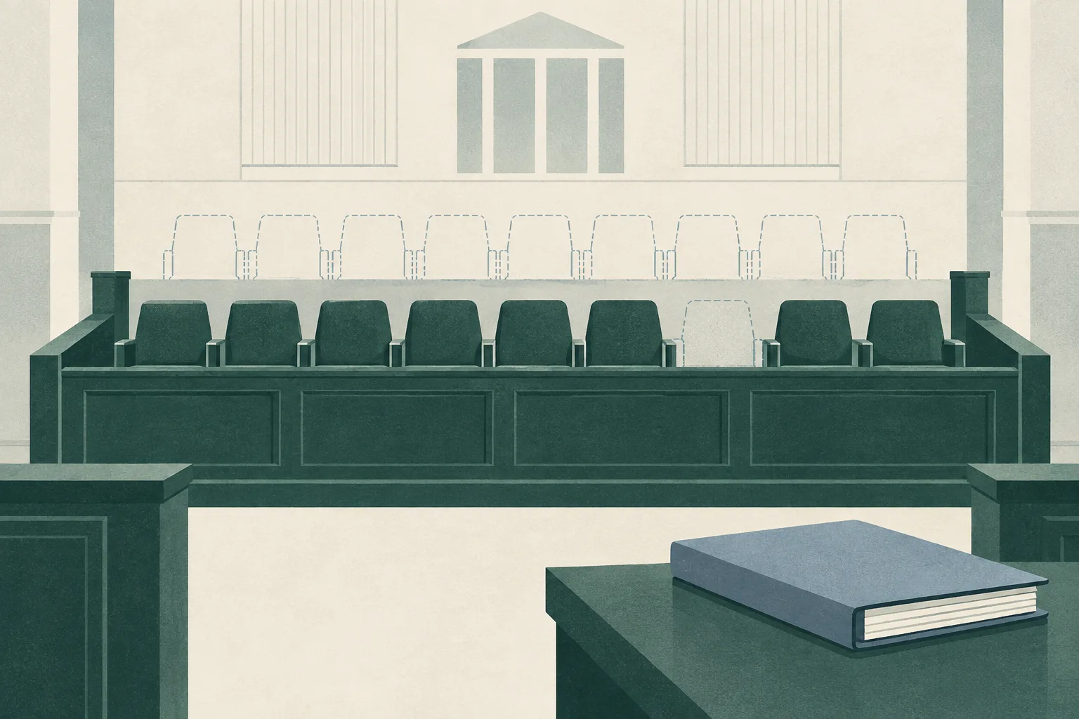 A cut-paper style empty court interior shows a row of nine jury seats interrupted by a clear gap, with a faint second row of nine seats and a closed court file nearby.