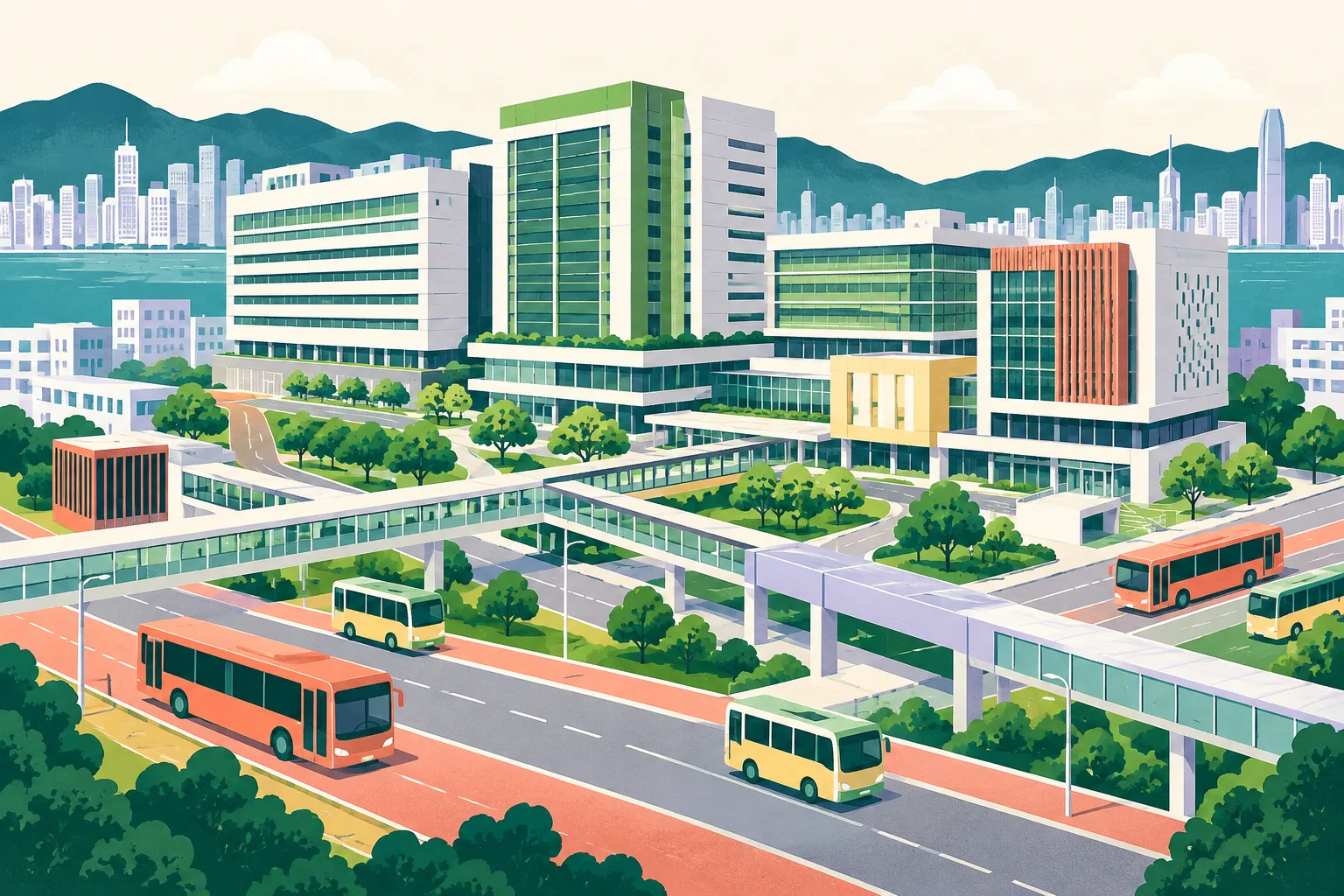 A colourful cut-paper illustration of a large five-block hospital campus connected to surrounding roads, buses and a covered footbridge in a simplified Kowloon Bay cityscape.