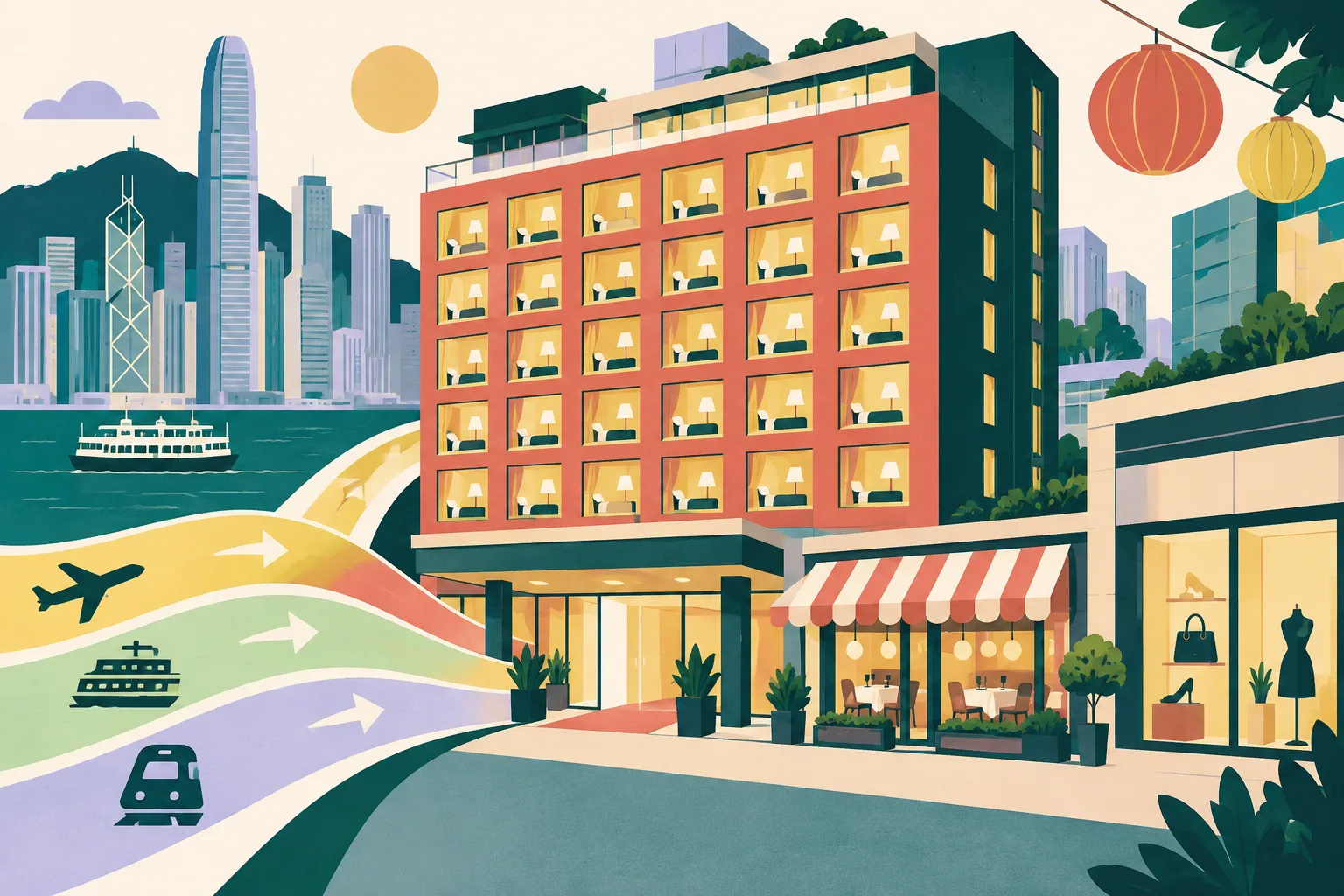Cut-paper illustration of a Hong Kong hotel and retail block with a largely filled room grid, restaurant awning, shopfront, layered arrival bands and a seven-part holiday calendar strip.