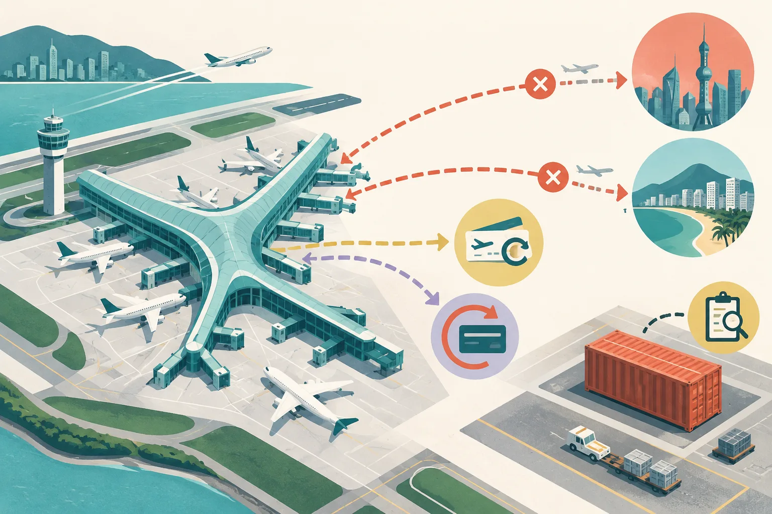 Abstract top-down travel diagram with a simplified airport terminal, two interrupted passenger routes, branching alternate paths, a refund symbol and a separate cargo container marked for review, using dusty teal, soft coral, muted ochre and mineral blue.