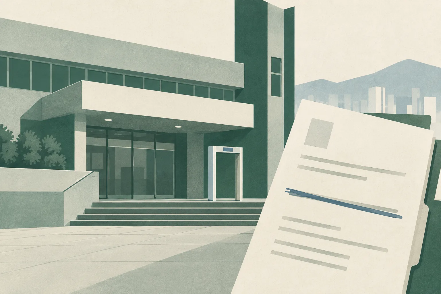 A quiet cut-paper illustration of an empty civic assessment-centre facade beside a plain court document marked by a withdrawn line, with an unoccupied inspection frame near the entrance.