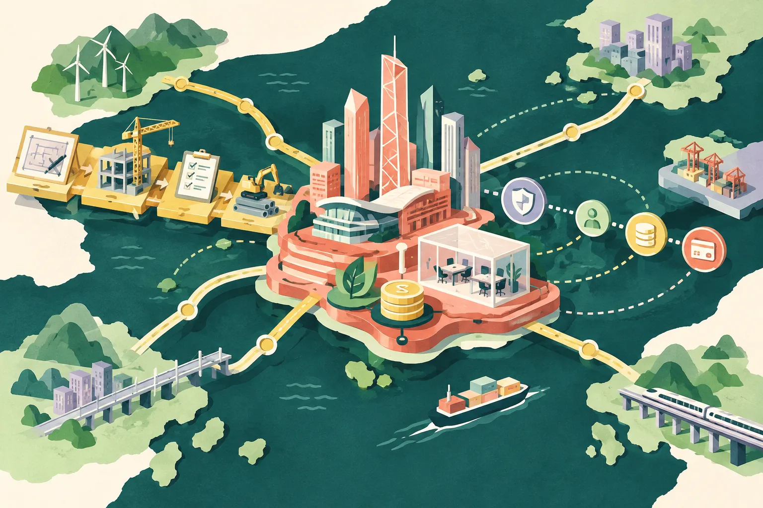 A cut-paper diagram of a central Hong Kong finance and infrastructure platform, with modular planning blocks, secure data pathways, payment nodes, regional connection routes and a small green-finance marker.