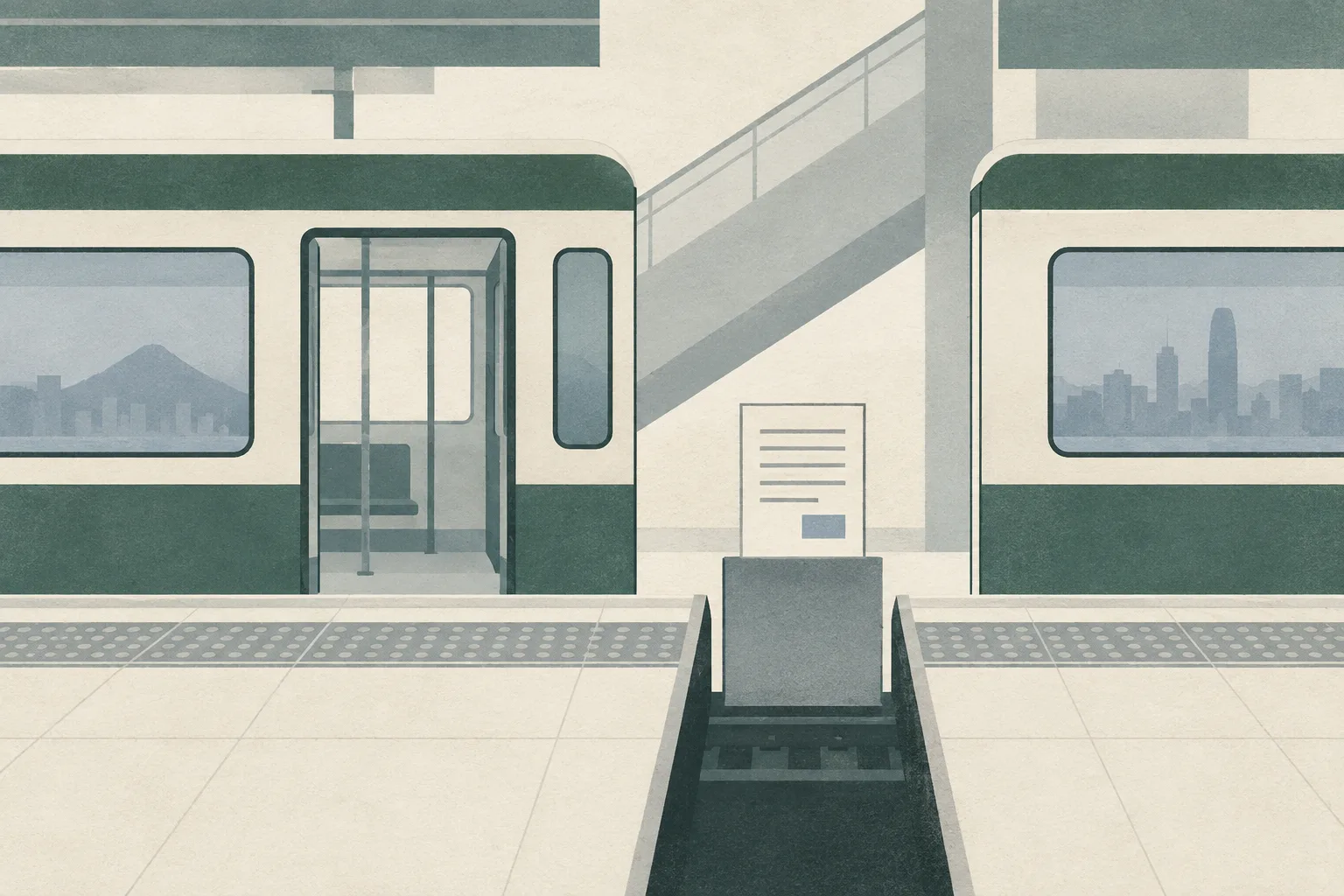 An empty railway platform and train doorway are shown as separated geometric architectural planes, with a clear boundary gap and a small neutral court document block in a restrained blue and paper-toned collage.
