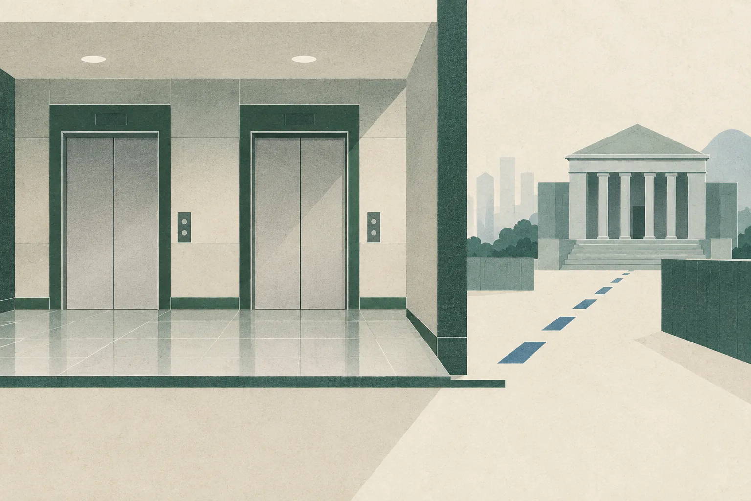 Flat architectural illustration of an empty residential lift lobby with closed elevator doors, a clear floor threshold, and an interrupted path leading toward a simple courthouse-like block.