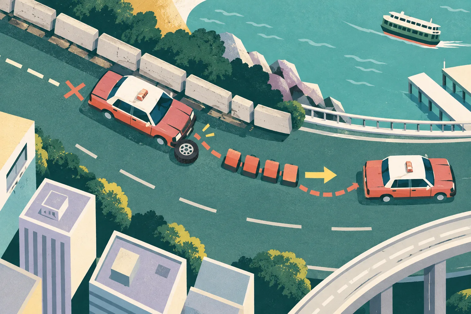 Top-down cut-paper illustration of a Hong Kong taxi stopped beside a segmented roadside barrier with a separated front wheel, a broken route line, four abstract passenger markers and a second taxi on a continuation route.