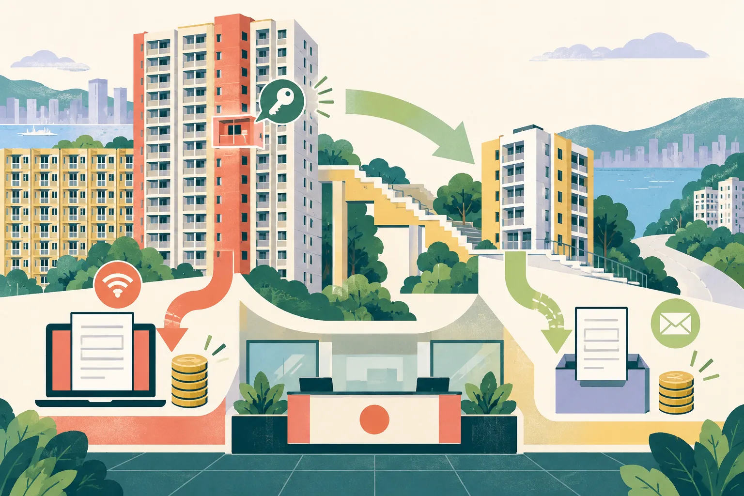Flat cut-paper illustration of two connected housing pathways: a larger apartment tower beside a rental route with modular windows and application cards, and a smaller apartment block reached by a stepped downsizing path. Geometric fee tokens and a simple civic service counter complete the balanced,
