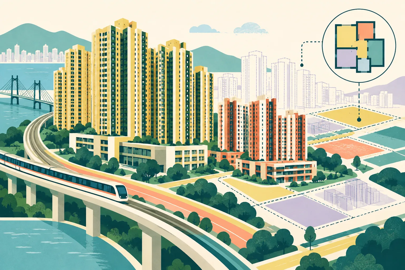 A cut-paper cityscape of modular public and private housing blocks, with solid foreground buildings leading toward lighter outlined structures, connected by abstract land parcels and infrastructure bands.